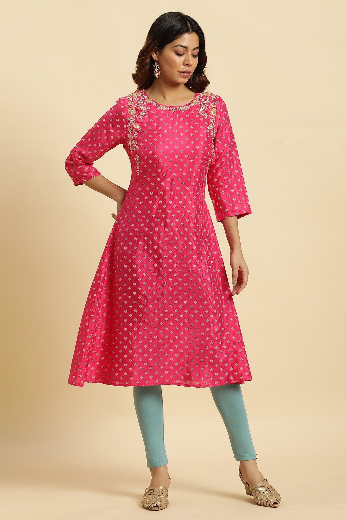 Dark Pink Embroidered A-Line Festive Kurta - Image 2