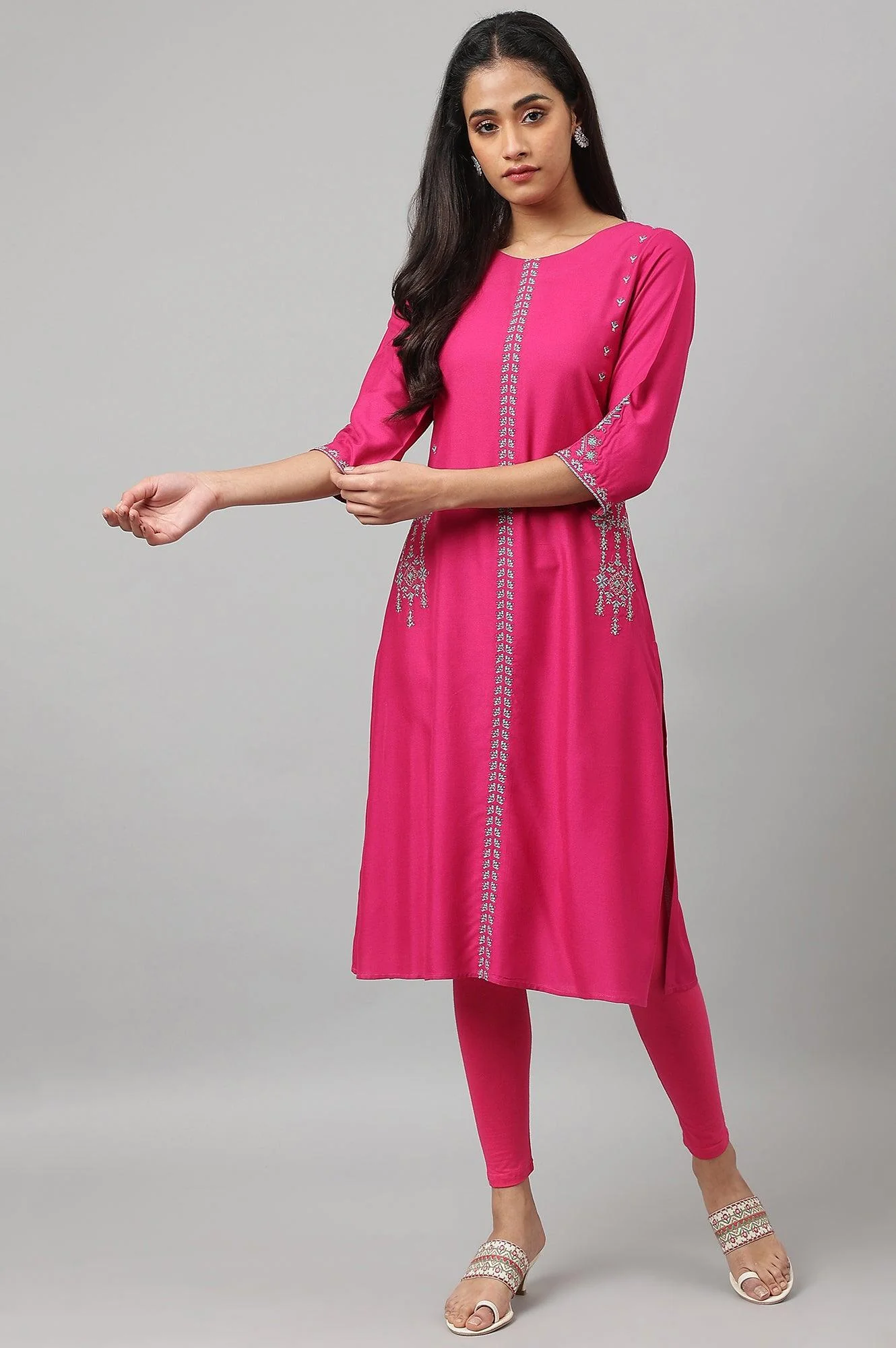 Dark Pink Embroidered A-Line kurta - Image 5