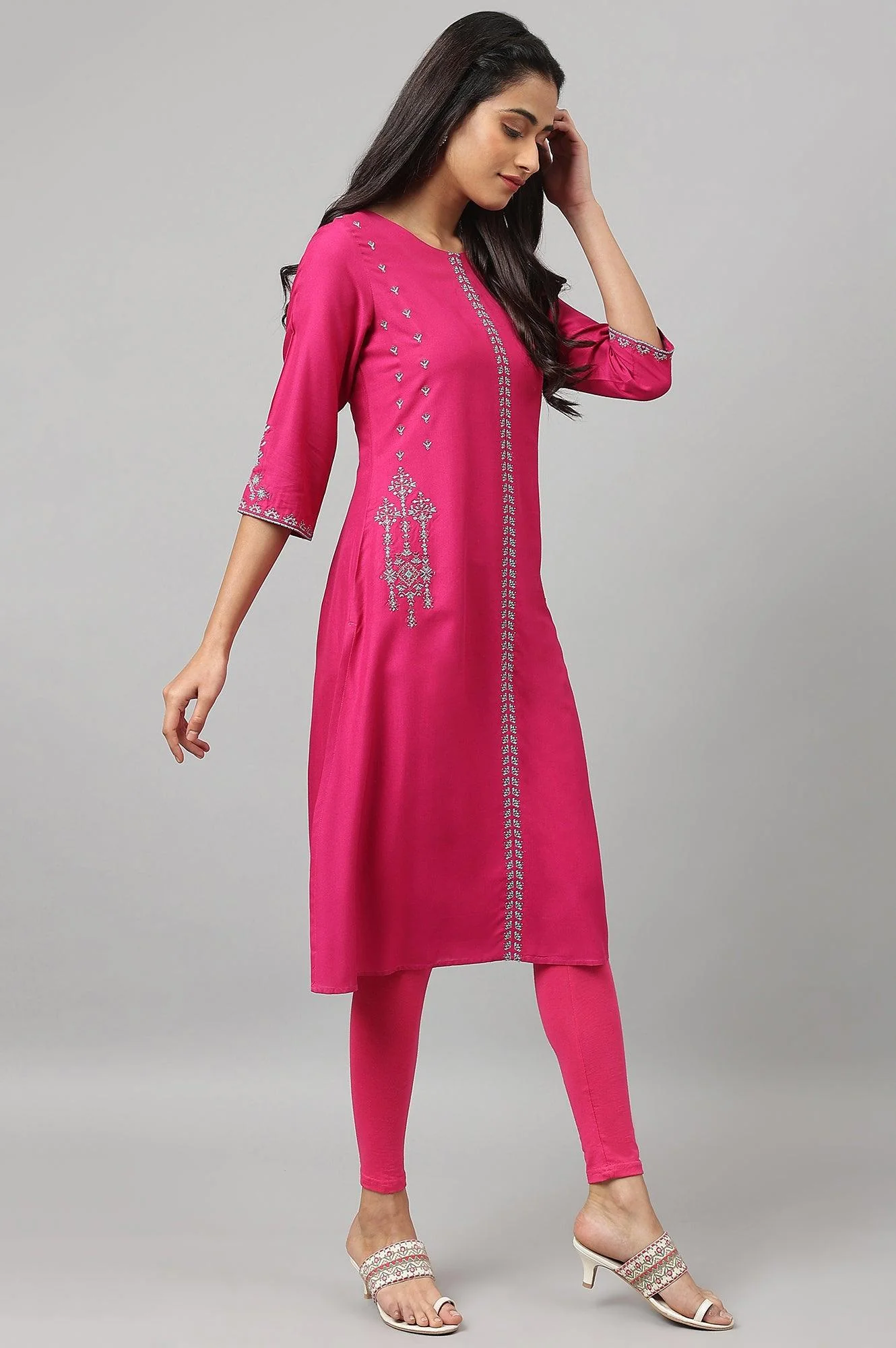 Dark Pink Embroidered A-Line kurta - Image 6