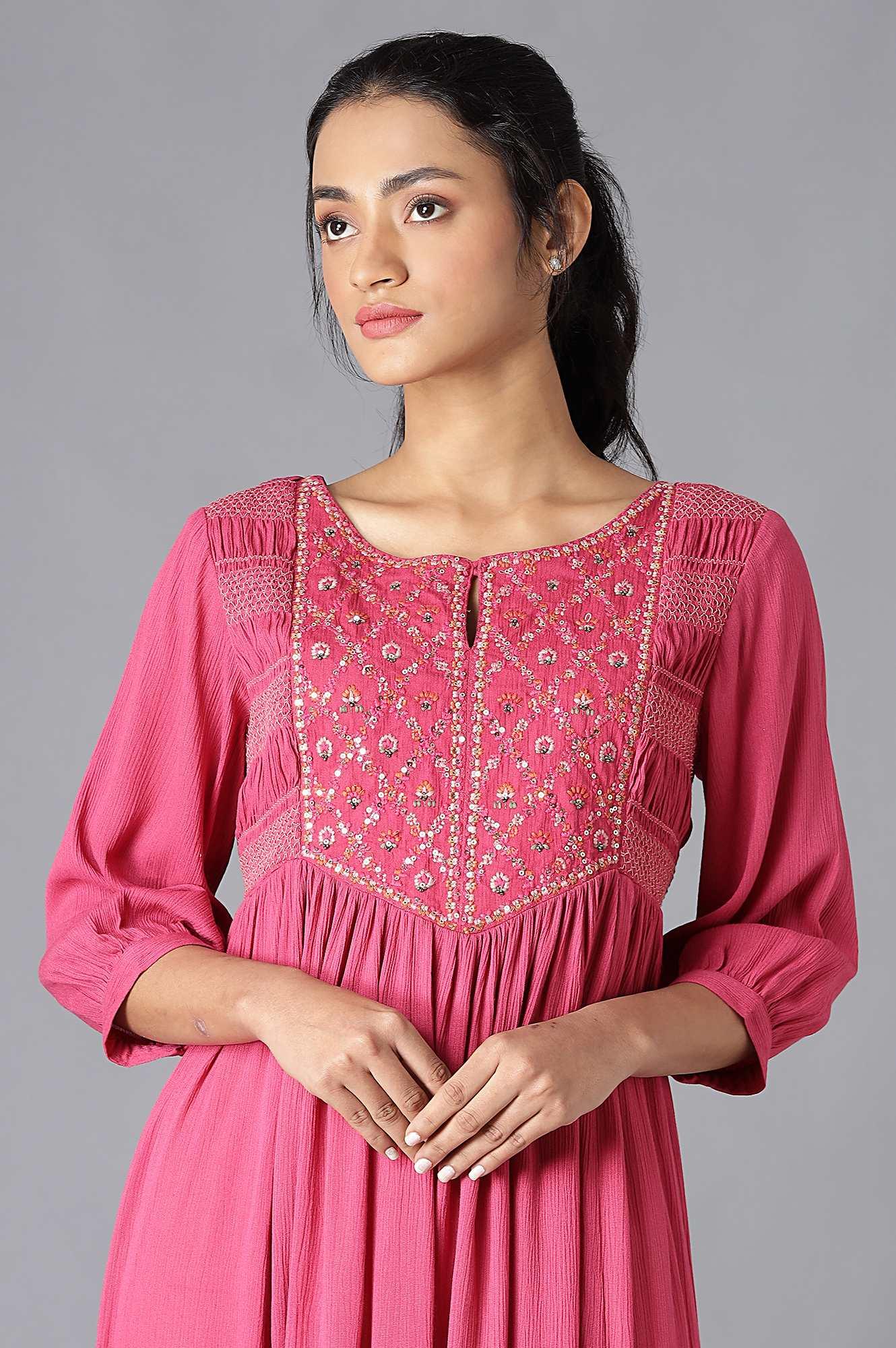 Dark Pink Flared Dress With Thread Embroidery - Image 5