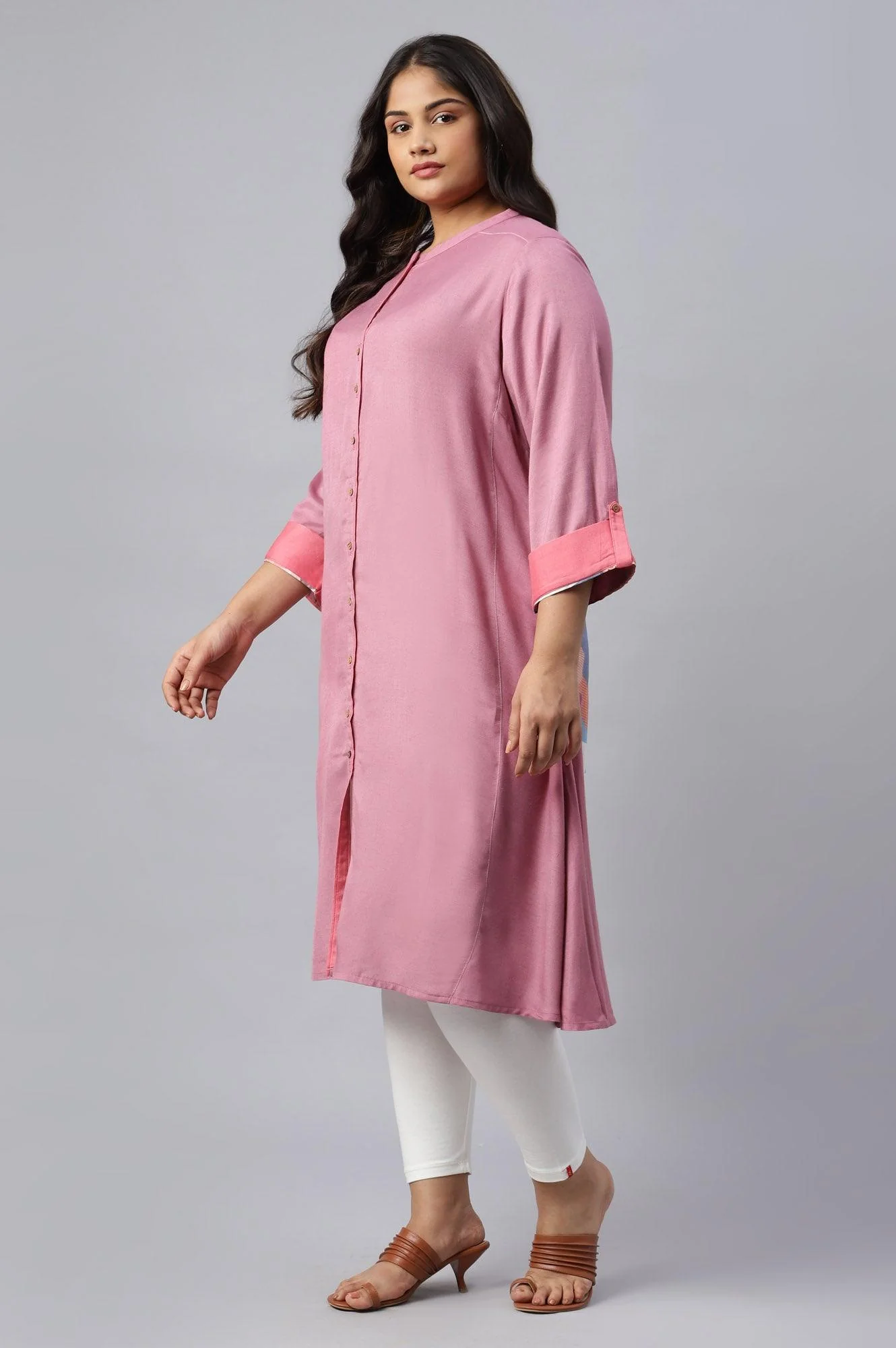 Dark Pink Flared Plus Size kurta In Mandarin Collar - Image 3