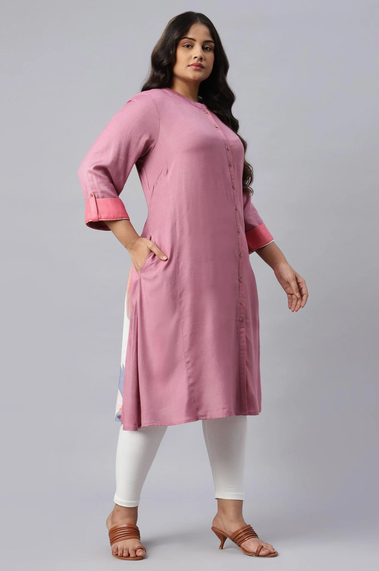 Dark Pink Flared Plus Size kurta In Mandarin Collar - Image 4