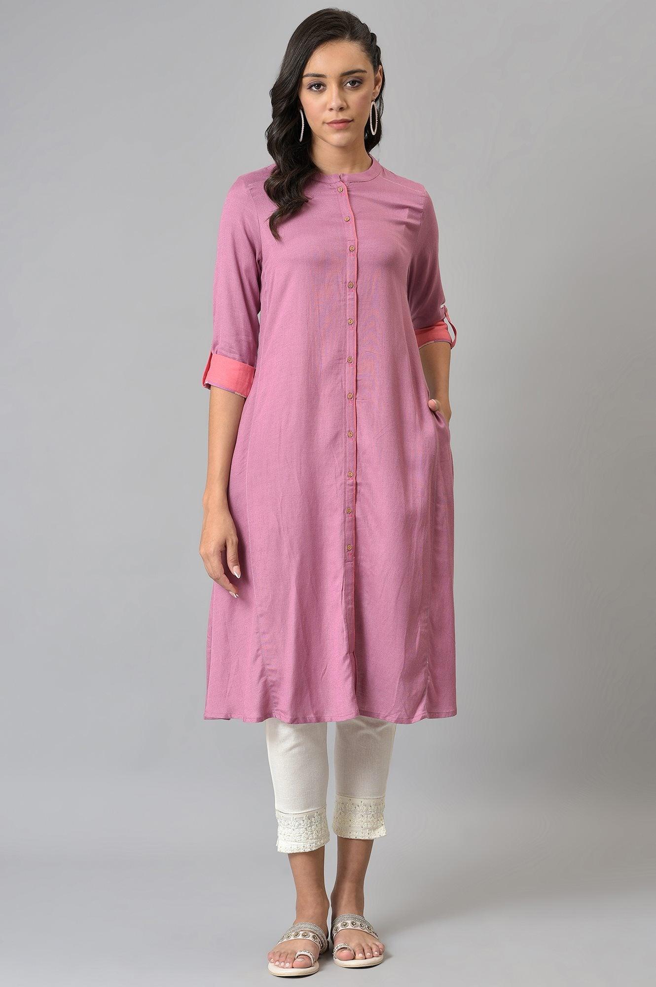 Dark Pink Flared Rayon kurta With Printed Back - Image 5