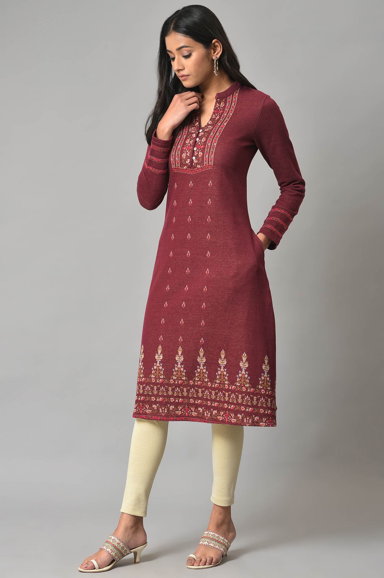 Dark Pink Floral Jacquard Winter kurta - Image 3