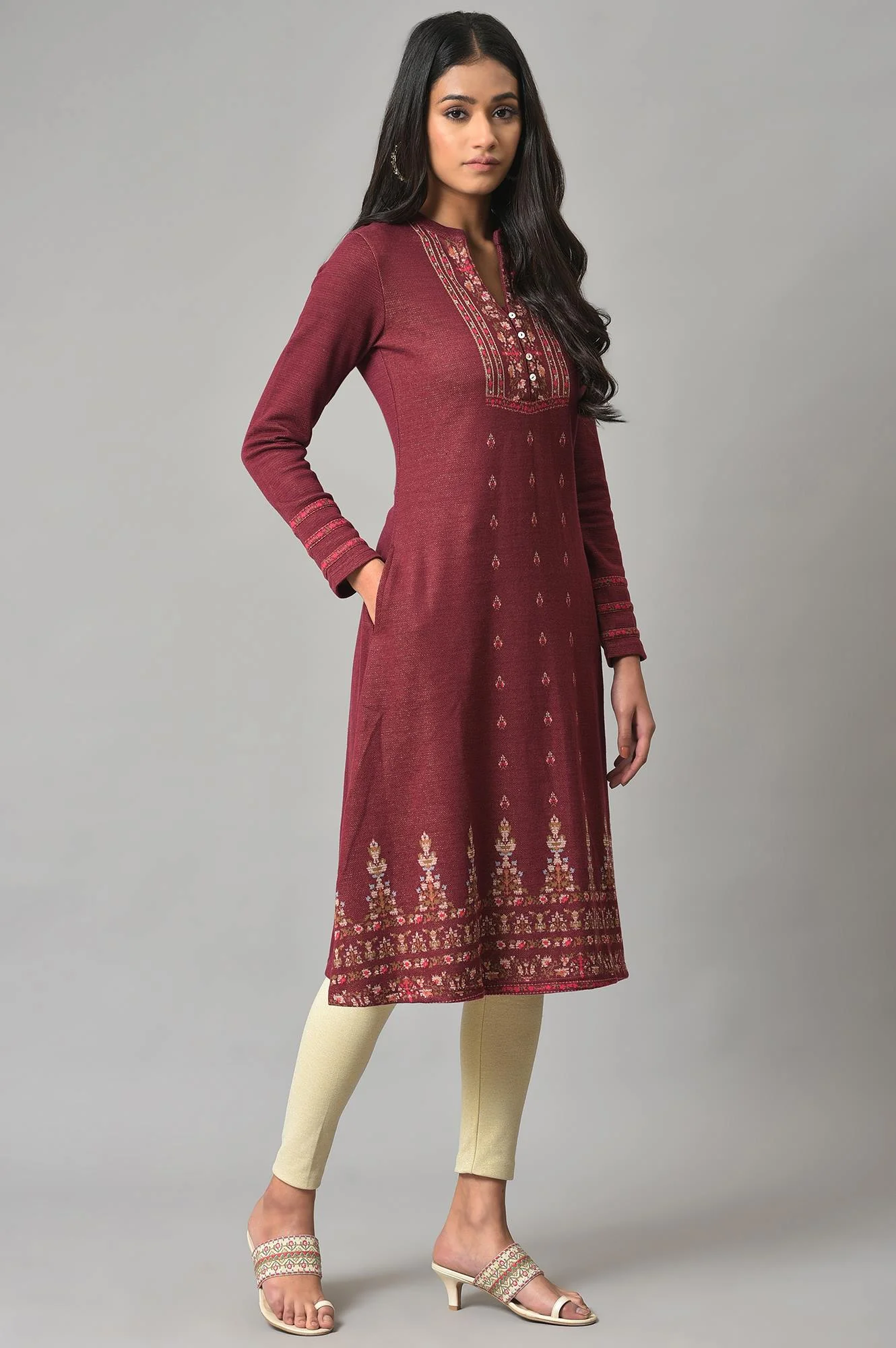 Dark Pink Floral Jacquard Winter kurta - Image 4