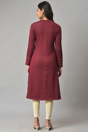 Dark Pink Floral Jacquard Winter Plus Size kurta - Image 2