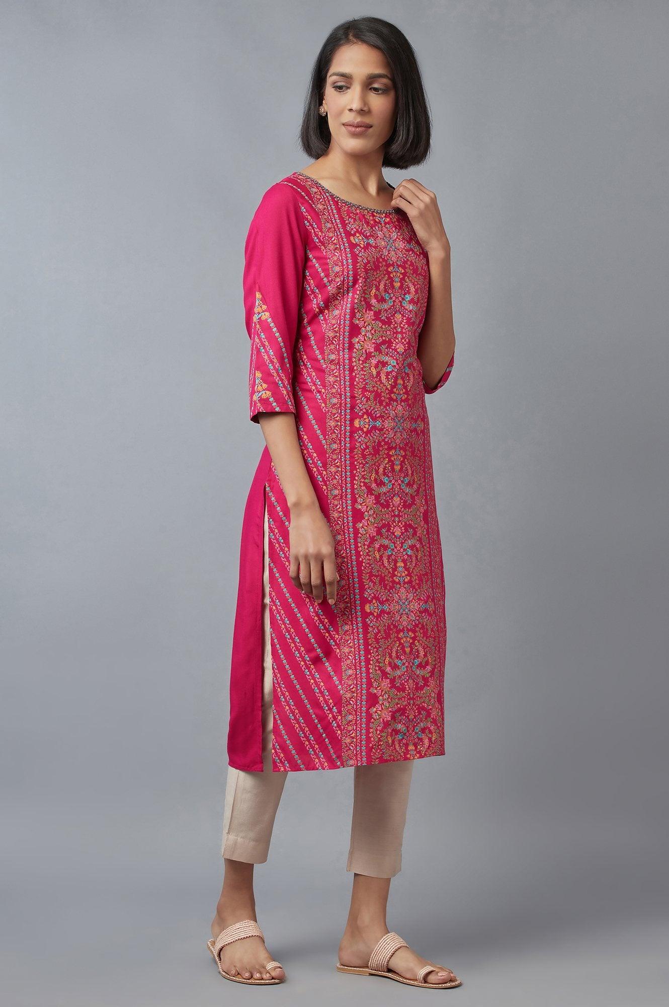 Dark Pink Floral Pleated kurta in Round Neck - Image 4