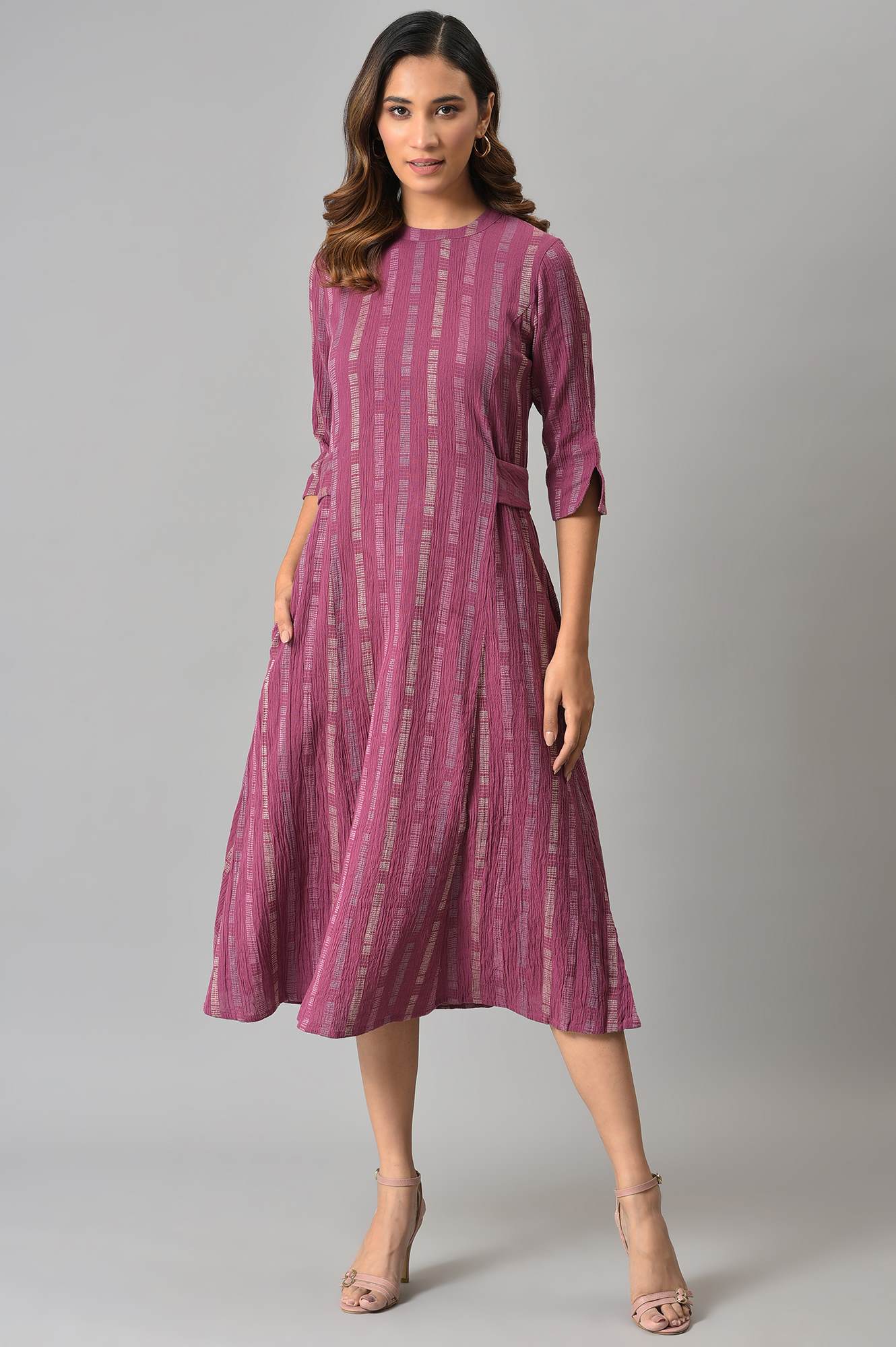 Purple Geometric Print Cross Hatch Belt Dress - Image 5