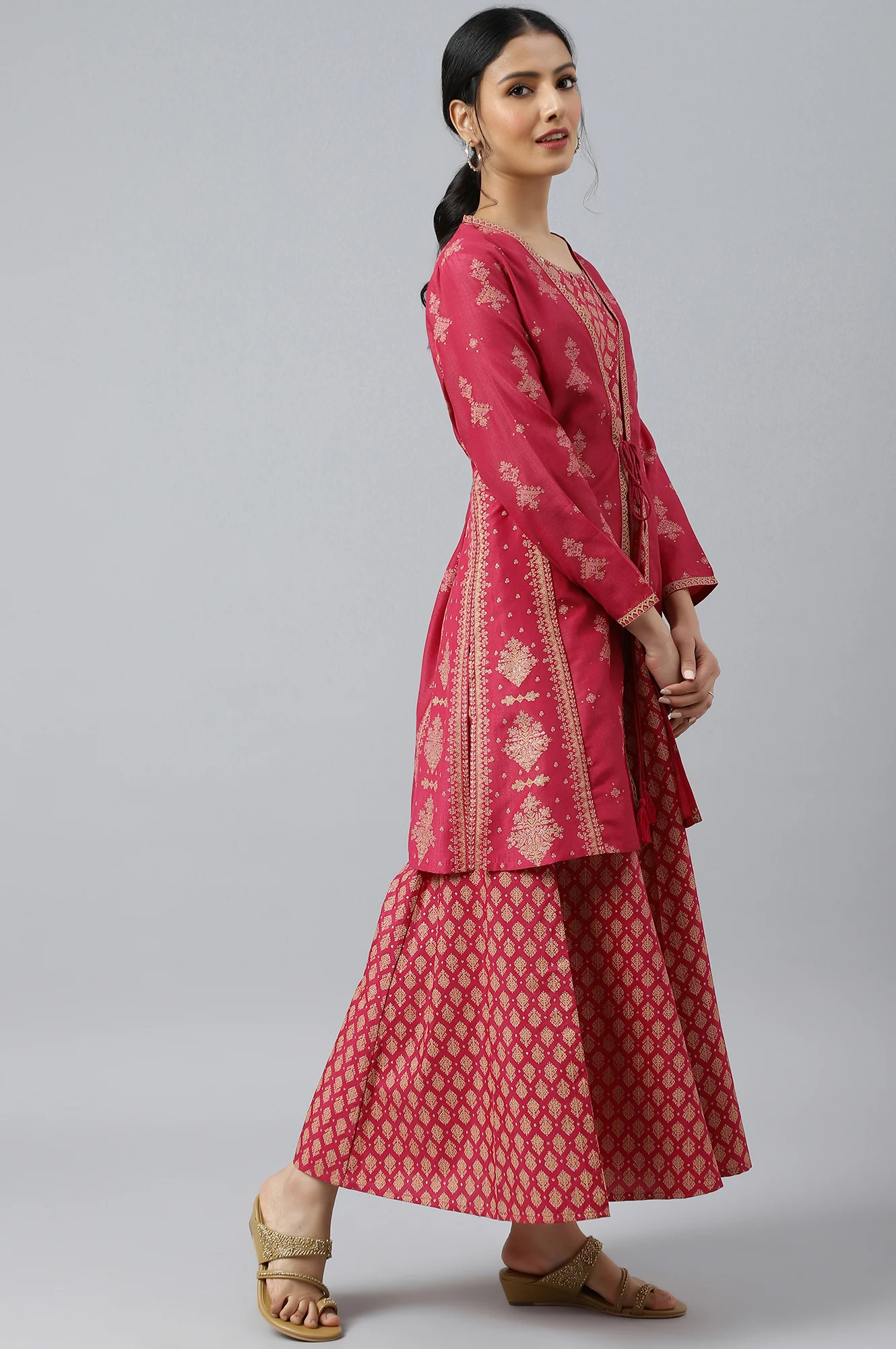 Dark Pink Glitter Flared Dress with Short Jacket Set - Image 9