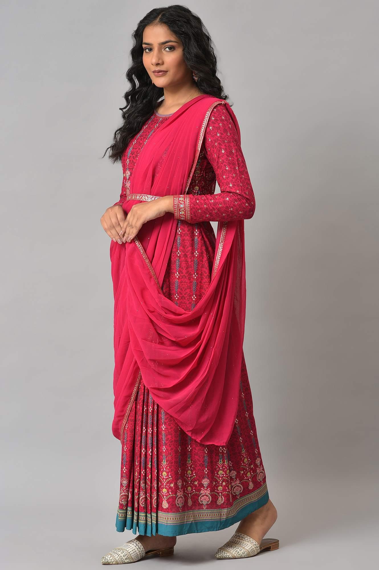 Dark Pink Glitter Printed Pre-drape Saree Dress - Image 3