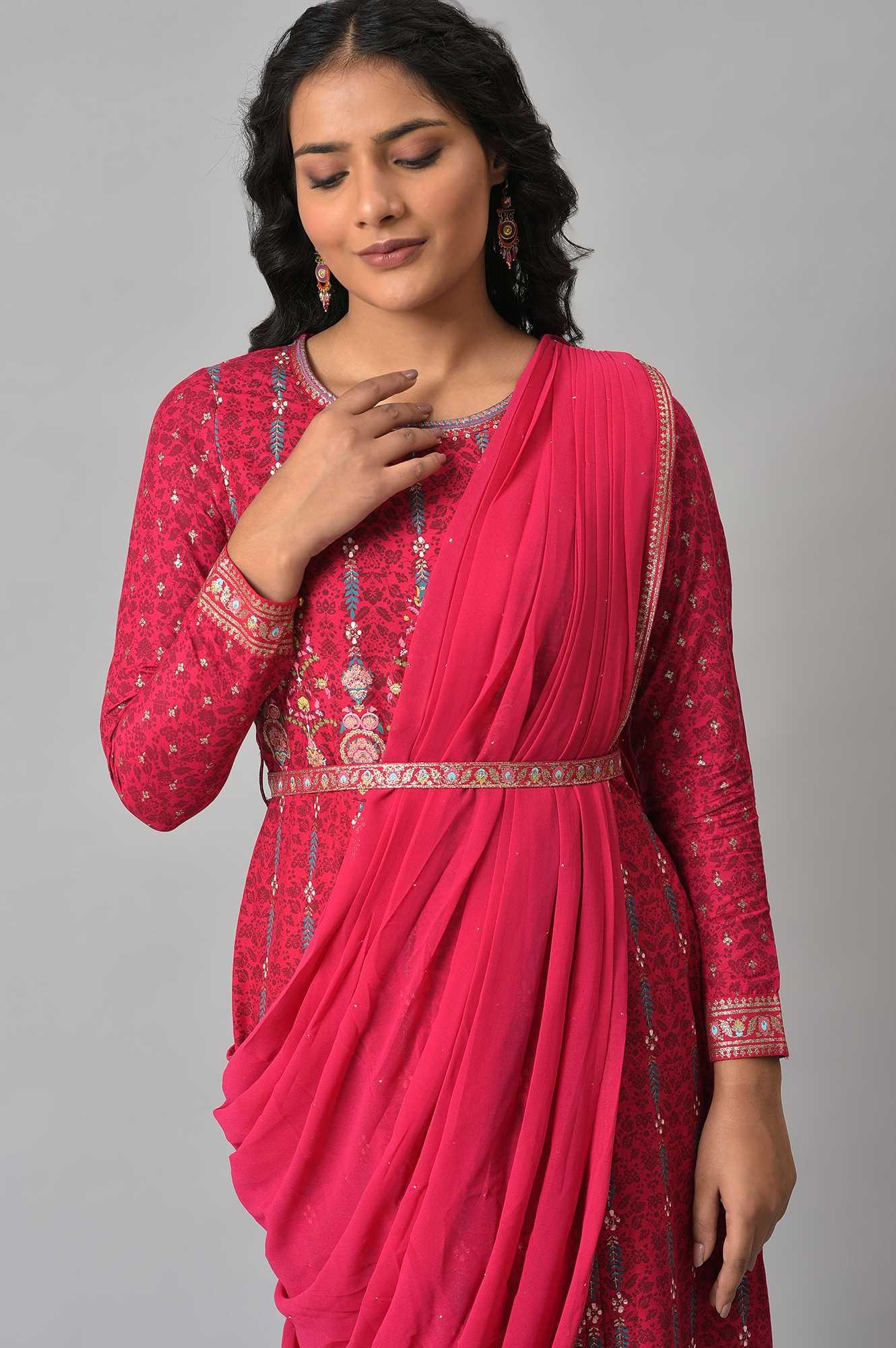 Dark Pink Glitter Printed Pre-drape Saree Dress - Image 5