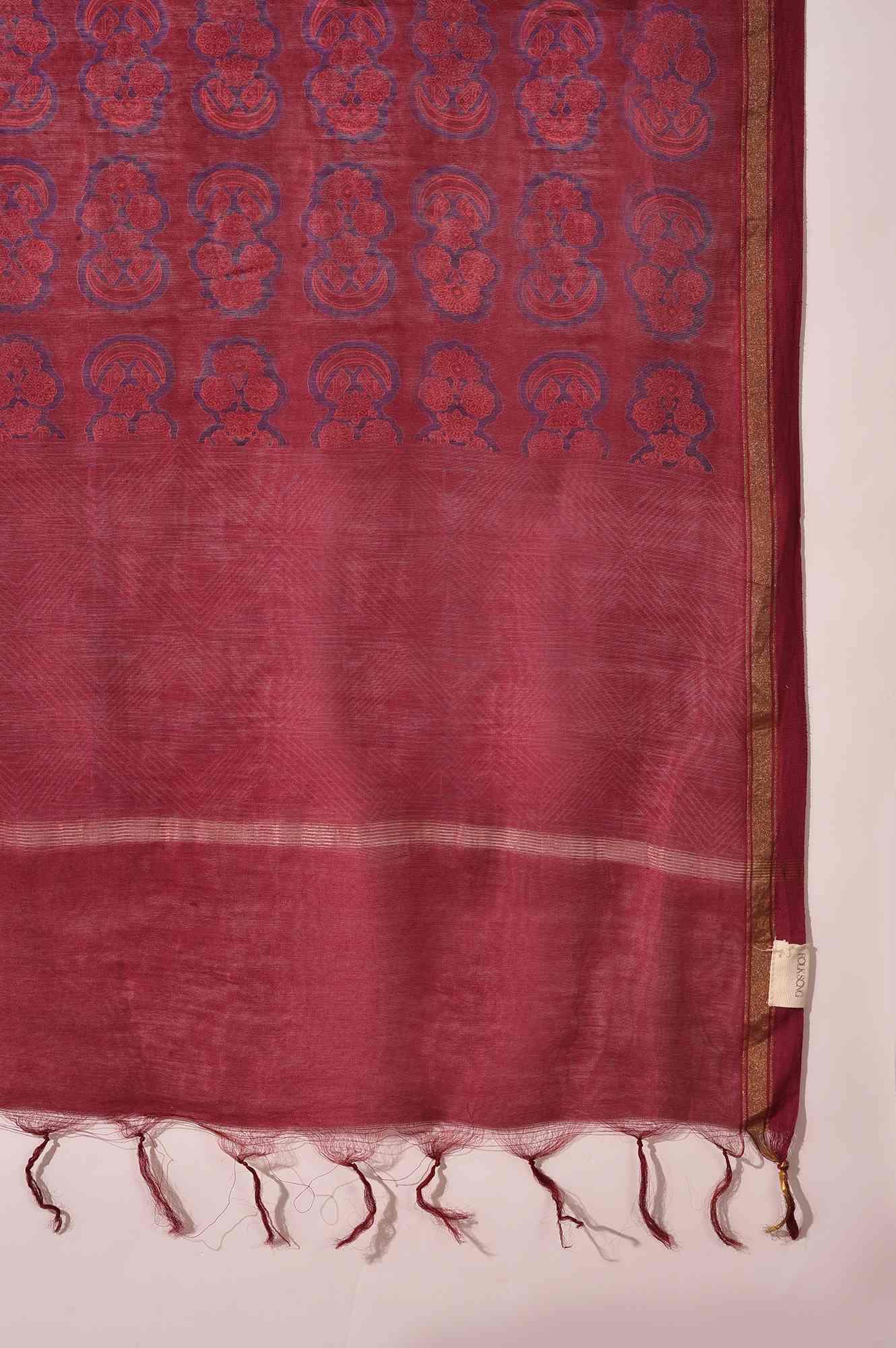 Dark Pink Hand Block Printed Cotton Silk Drape - Image 4