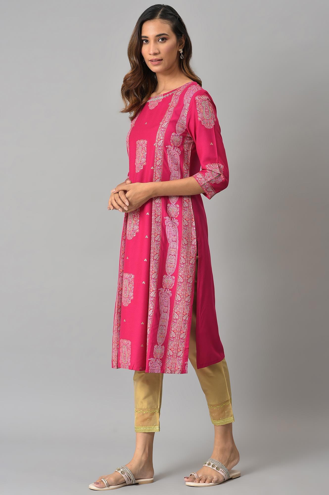 Dark Pink Mock Layered Beadwork Straight Kurta - Image 3