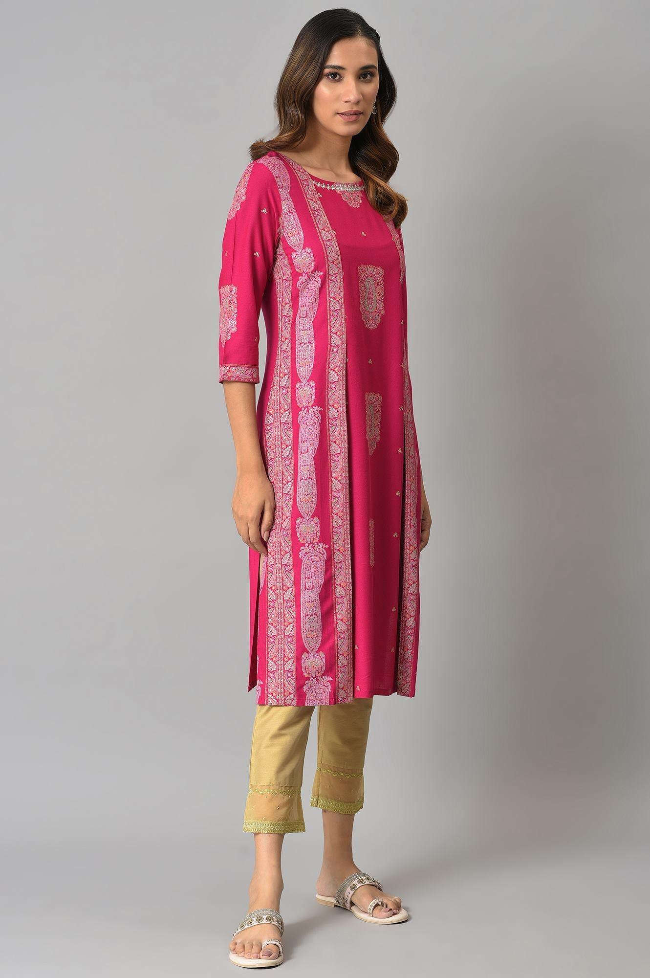 Dark Pink Mock Layered Beadwork Straight Kurta - Image 4