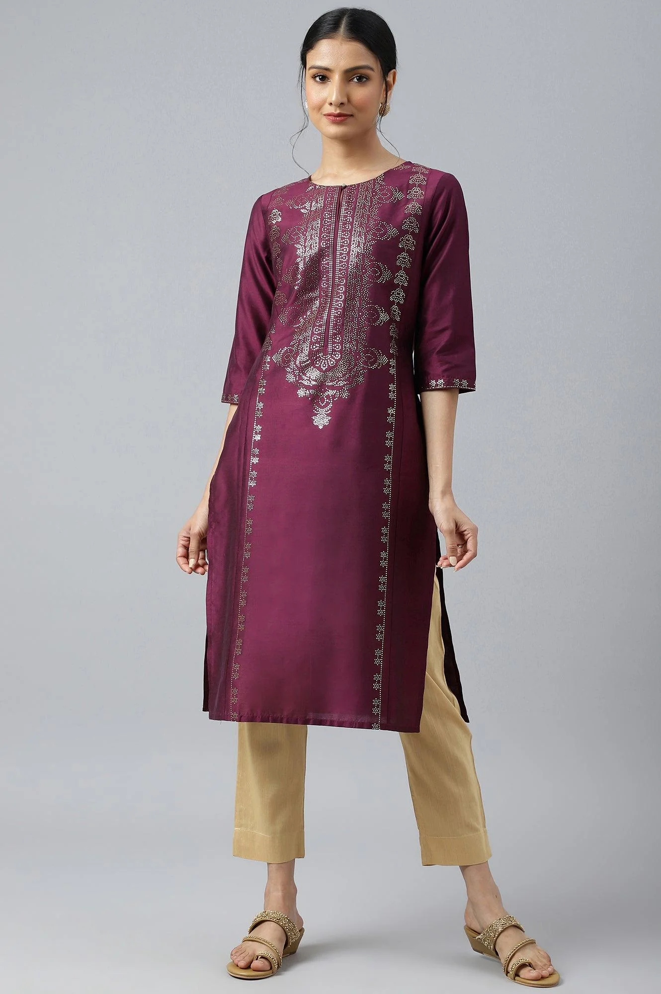 Wine Mukaish Placement Printed Straight kurta