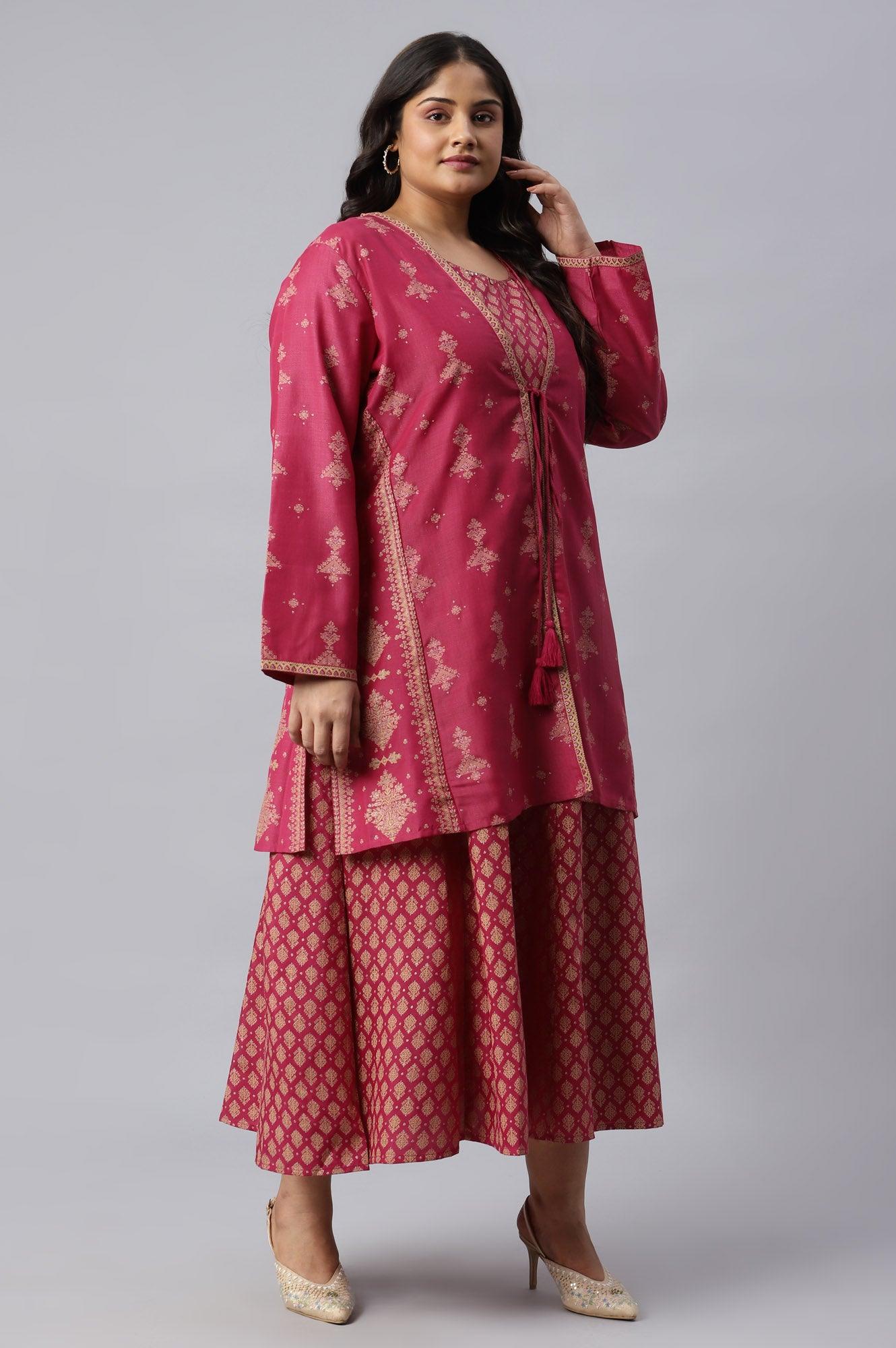 Dark Pink Plus Size Glitter Dress With Short Jacket - Image 4