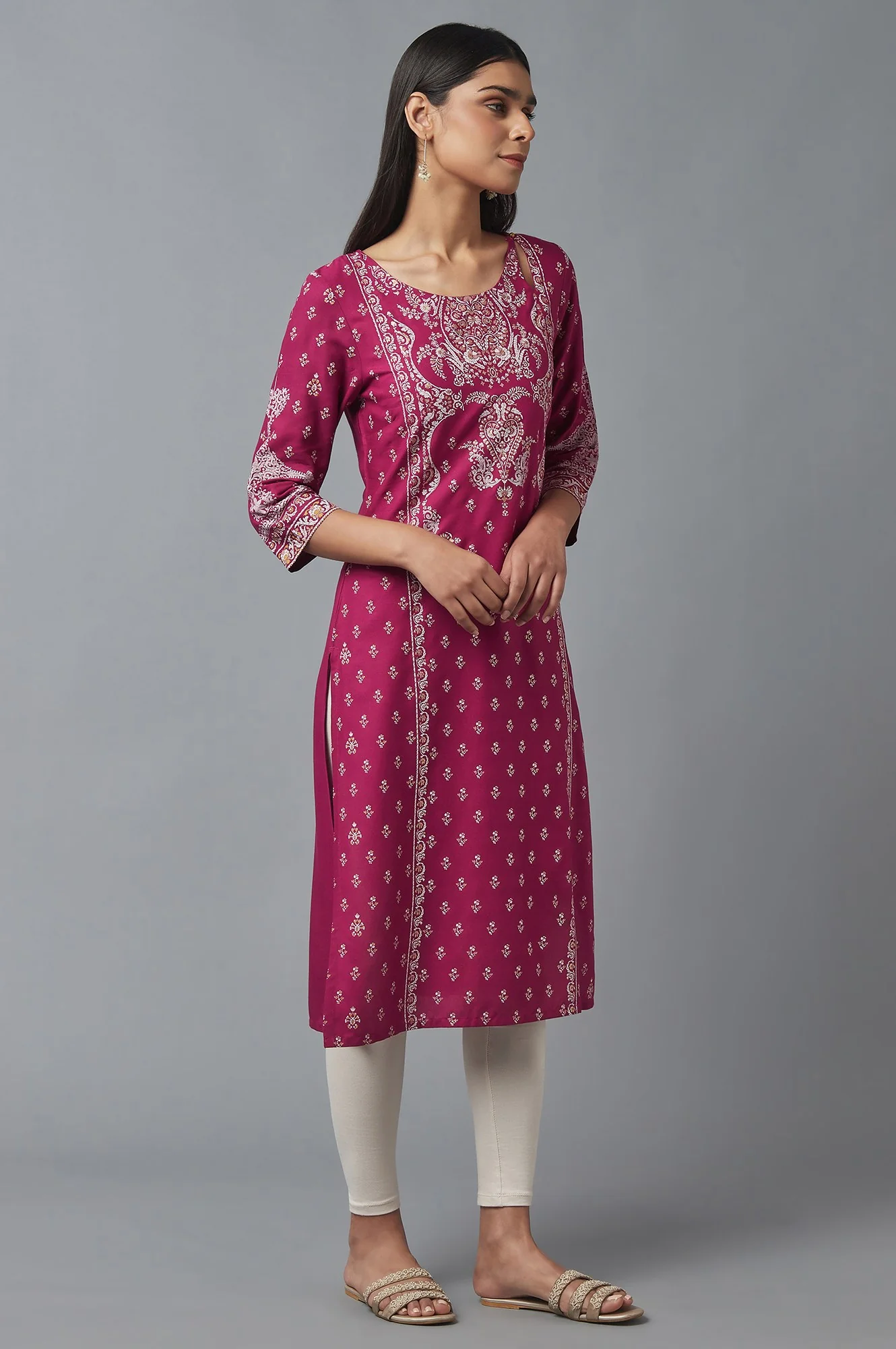 Dark Pink Printed Rayon kurta - Image 4