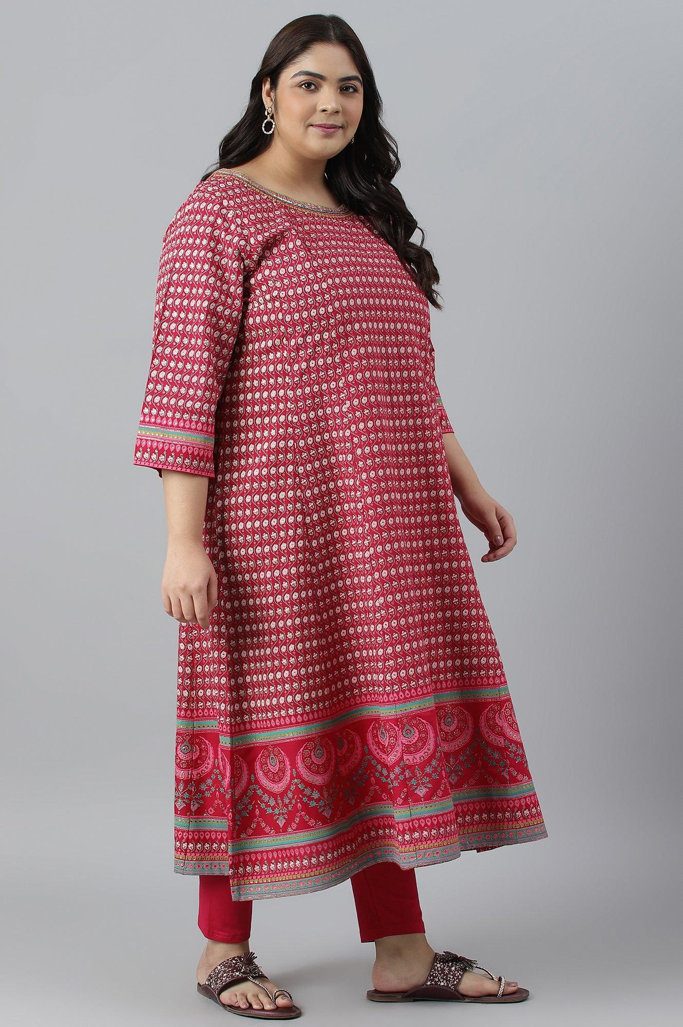 Dark Pink Printed Plus Size Kalidar kurta - Image 4