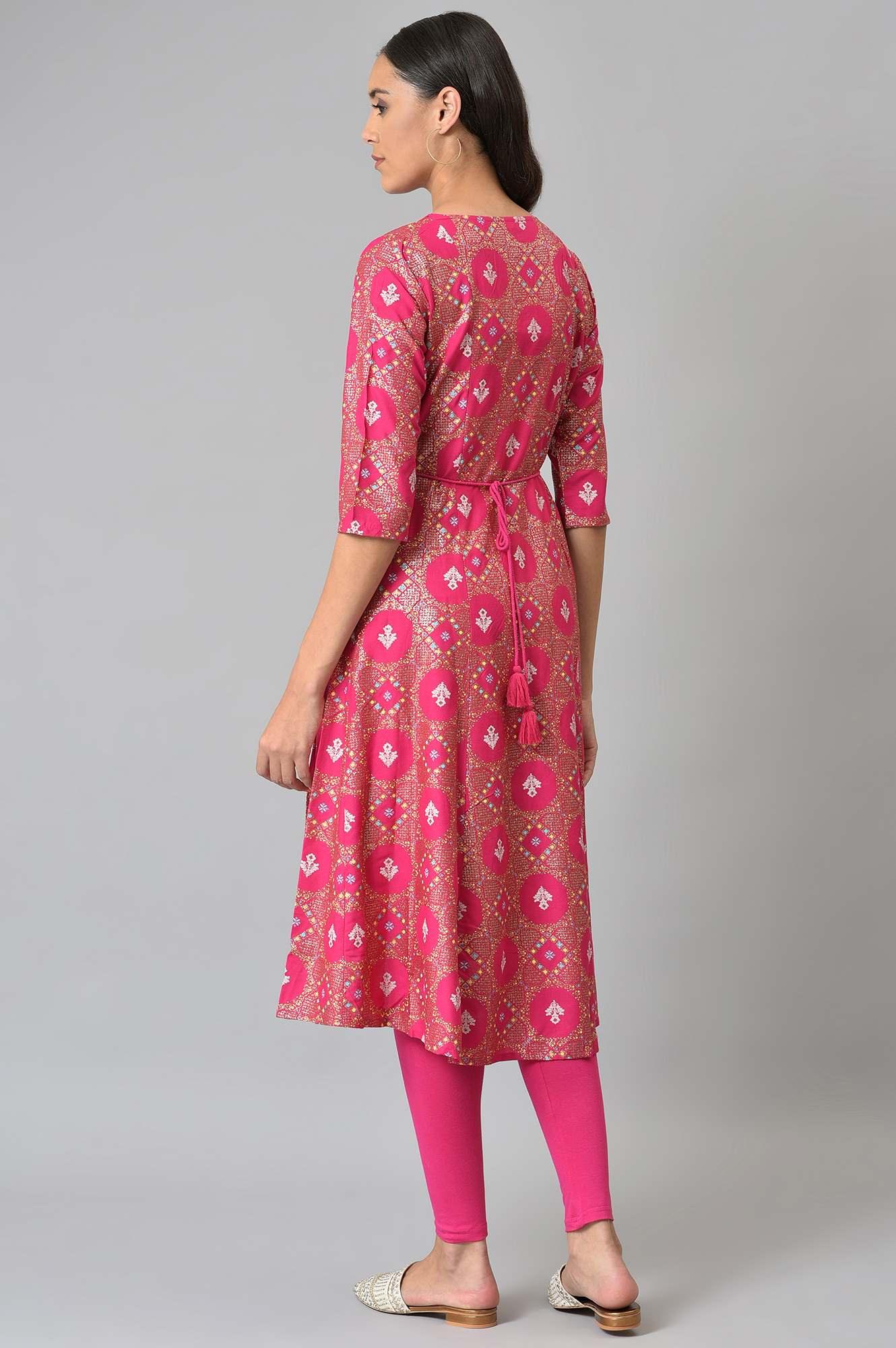 Dark Pink Printed Round Neck kurta With Tights - Image 2