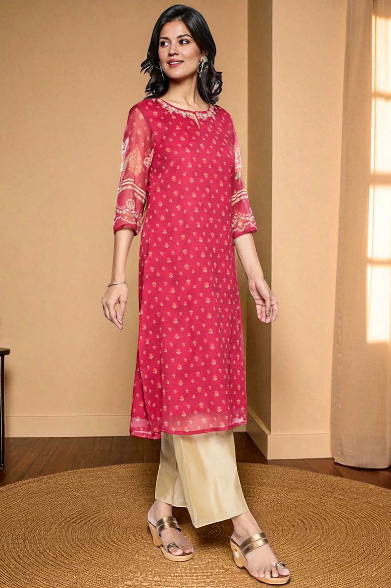 Dark Pink Printed Silver Chiffon Straight Kurta - Image 6