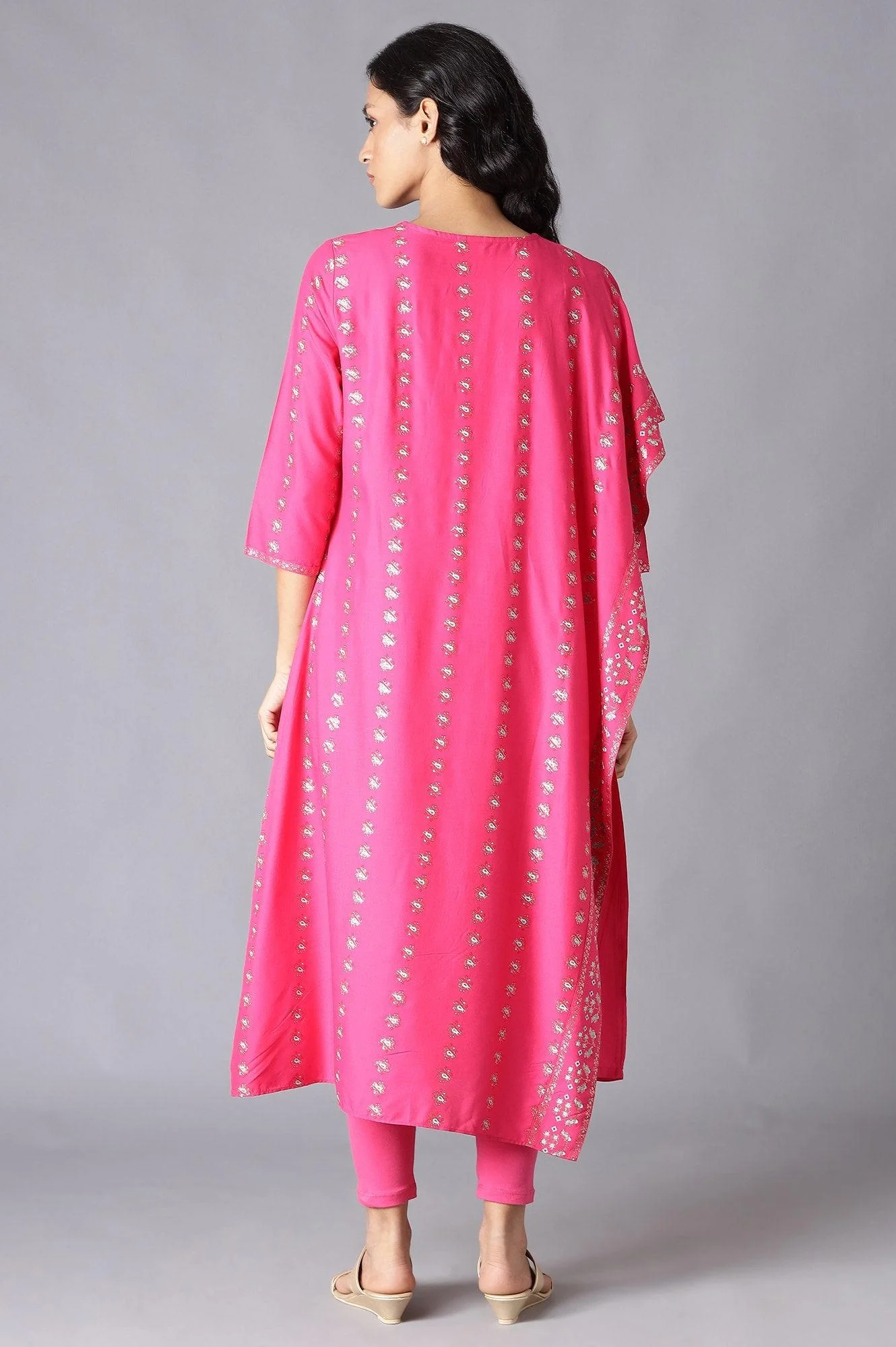 Dark Pink Saree Style kurta With Tights - Image 2