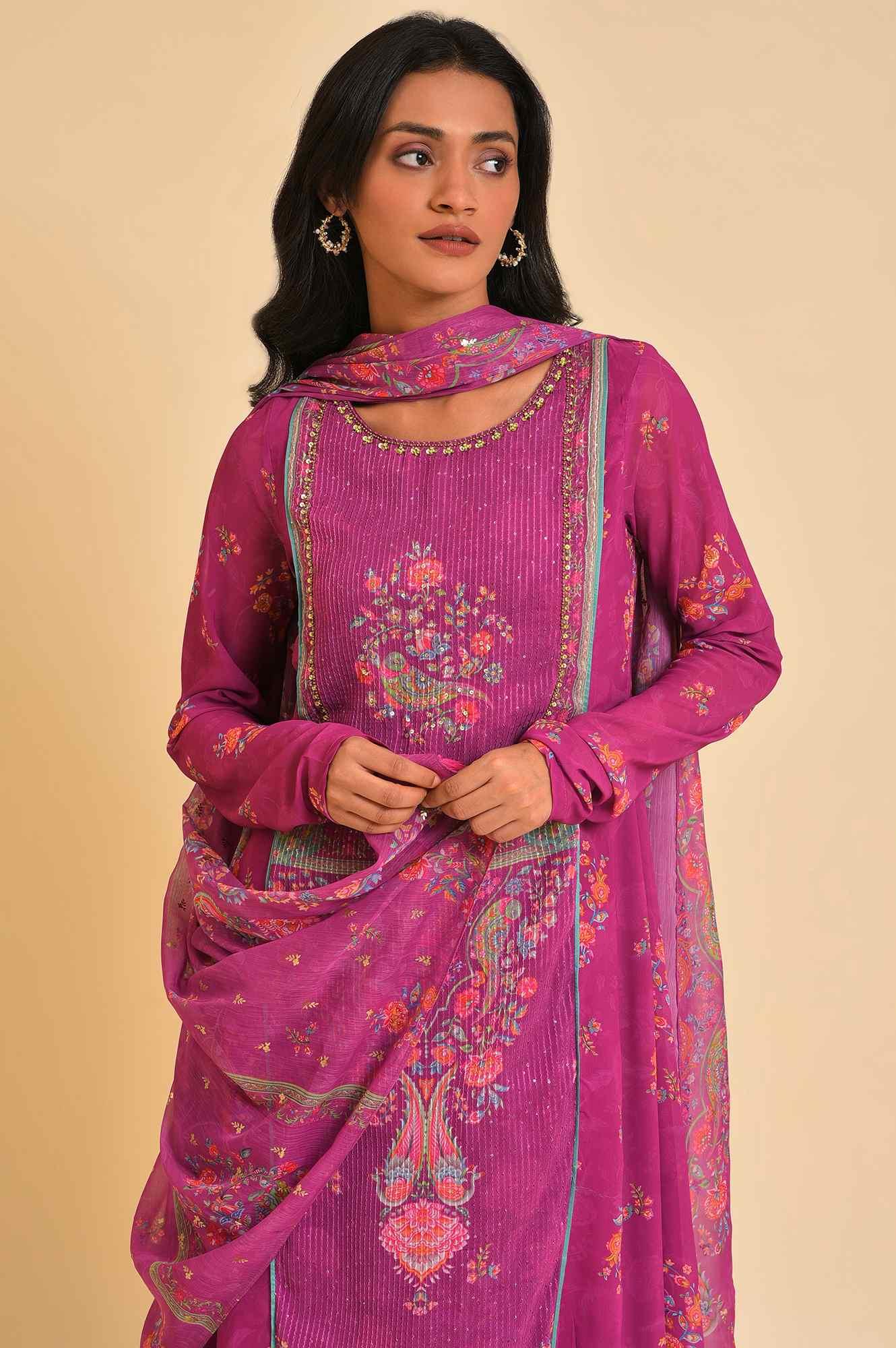 Dark Pink Sequined Anarkali kurta, Tights & Dupatta Set - Image 6