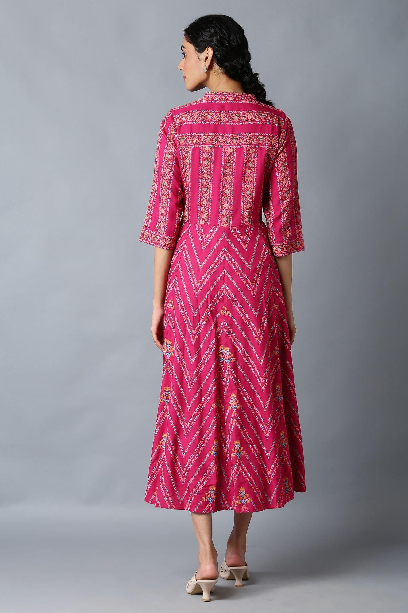 Dark Pink Glitter Floral Printed Rayon Ethnic Shirt Dress - Image 3