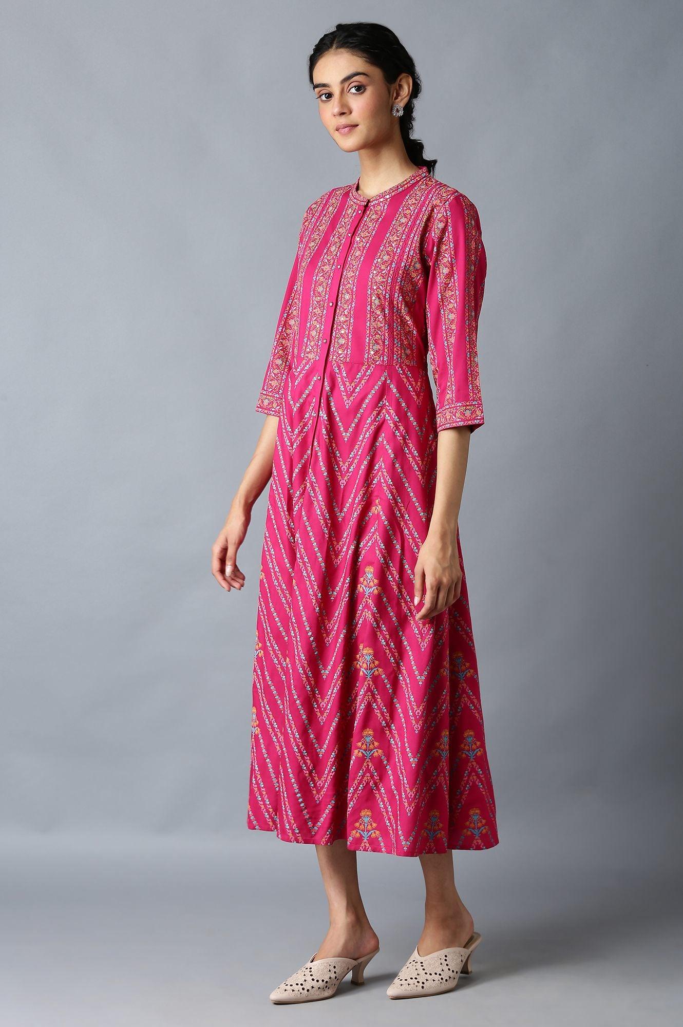 Dark Pink Glitter Floral Printed Rayon Ethnic Shirt Dress - Image 4