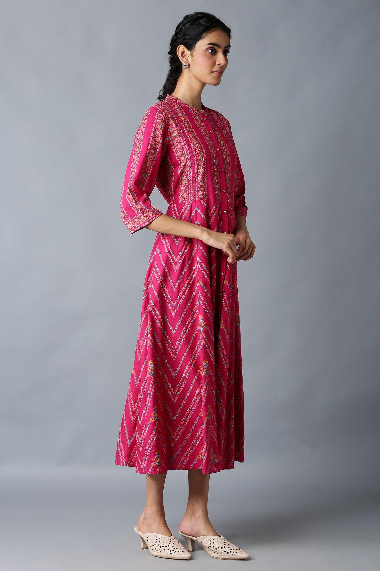 Dark Pink Glitter Floral Printed Rayon Ethnic Shirt Dress - Image 5