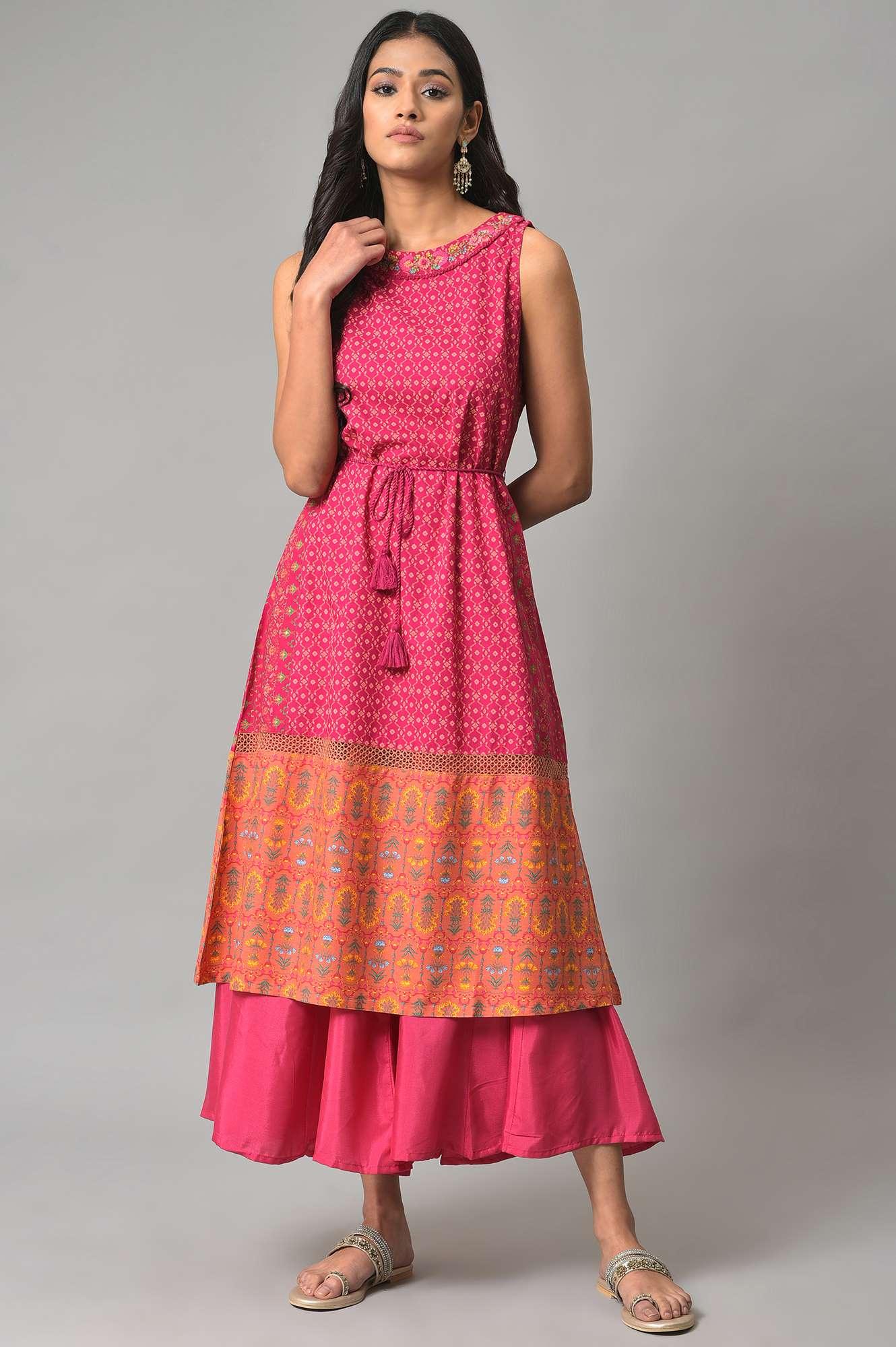 Dark Pink Sleeveless A-Line Dress With Embroidery - Image 6