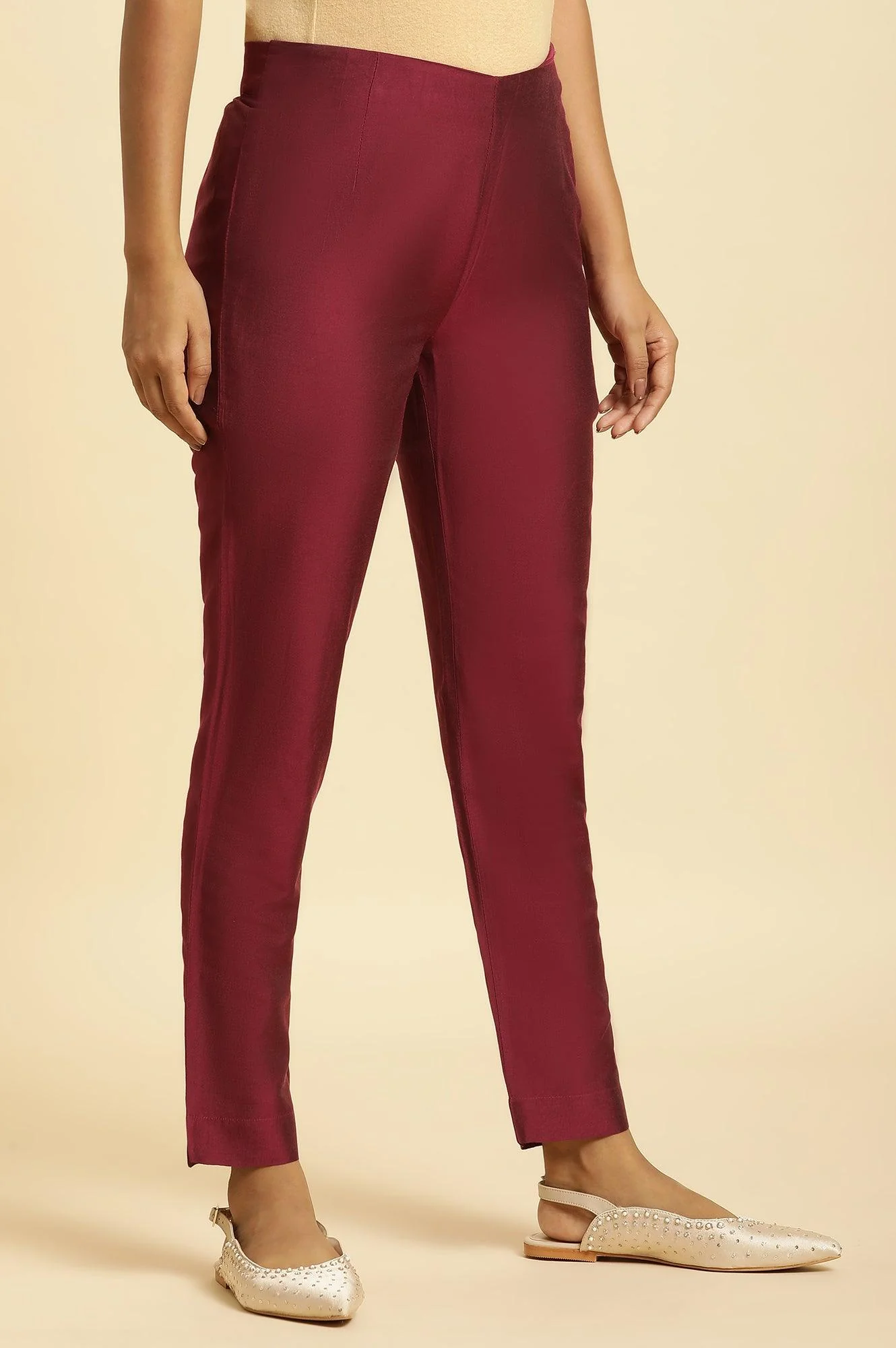 Dark Pink Solid Slim Pants - Image 4