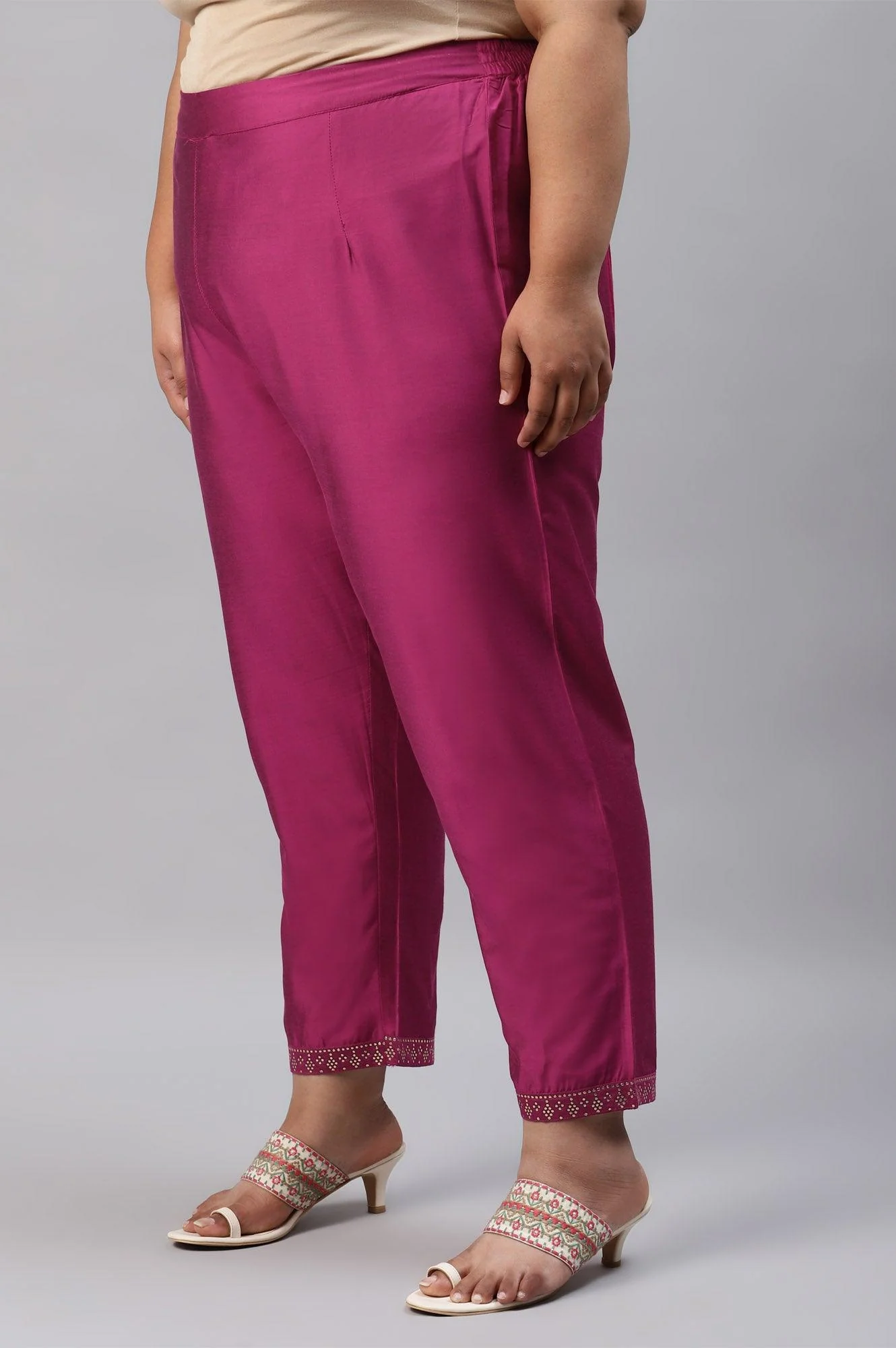 Dark Pink Women Plus Size Pants With Printed Border - Image 3