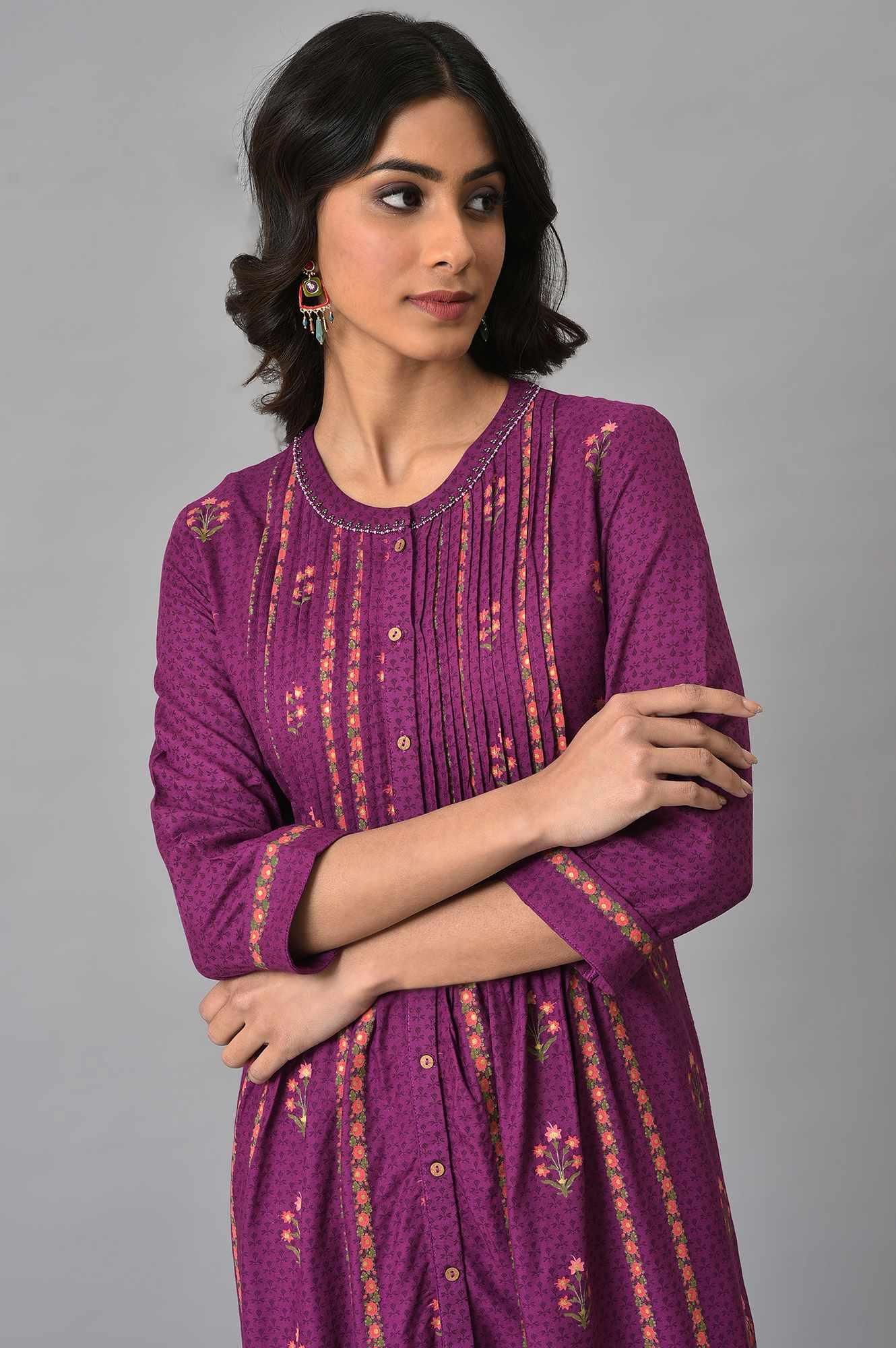 Dark Purple Floral Button Down Dress With Printed Slim Pants - Image 5