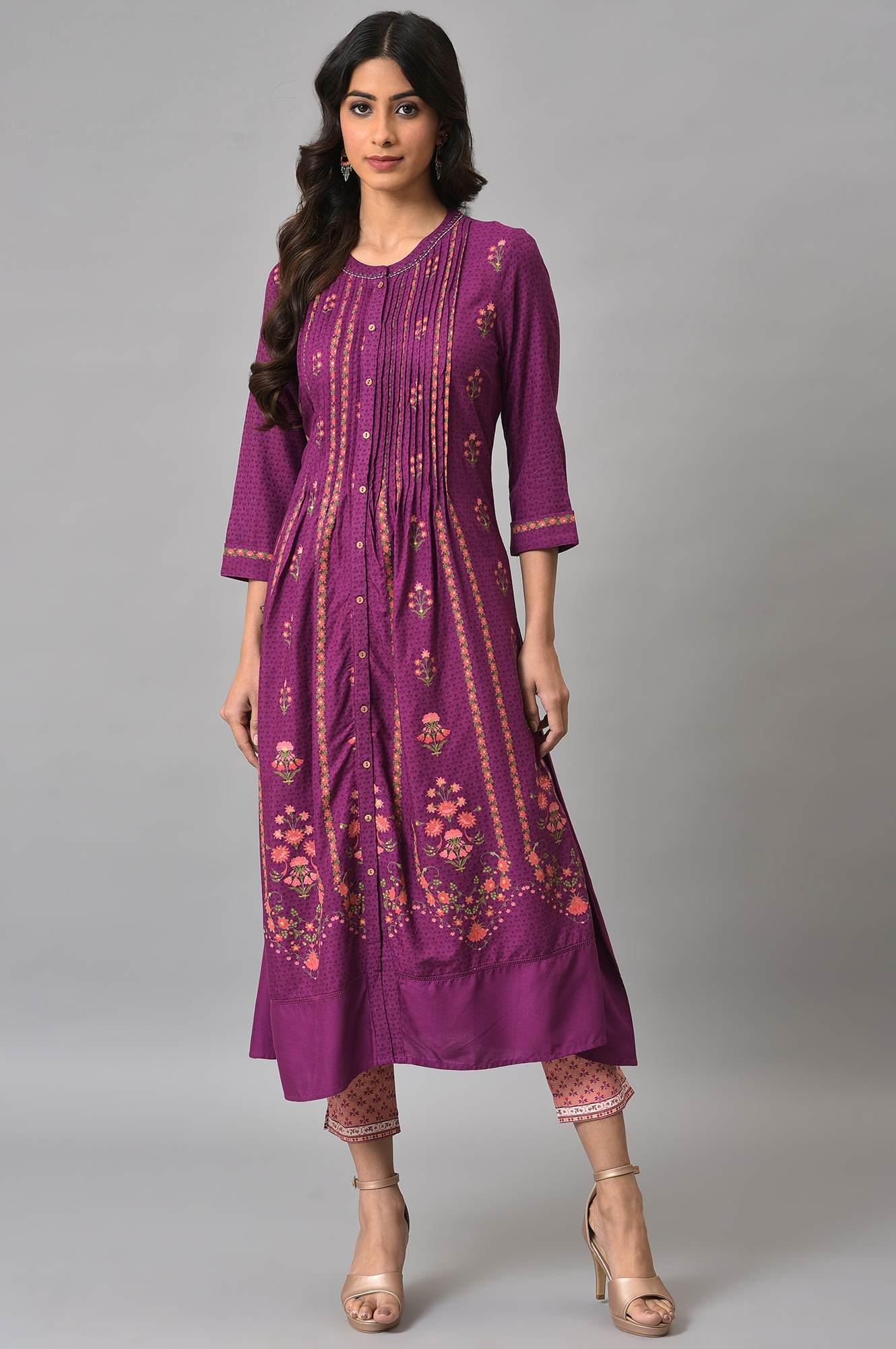 Dark Purple Floral Button Down Dress With Printed Slim Pants - Image 9