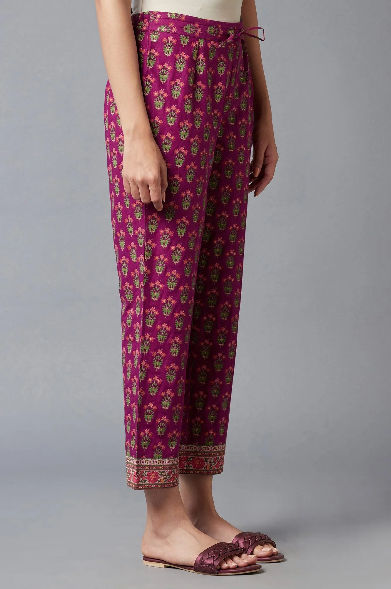 Dark Purple Floral Printed Straight Pants - Image 4