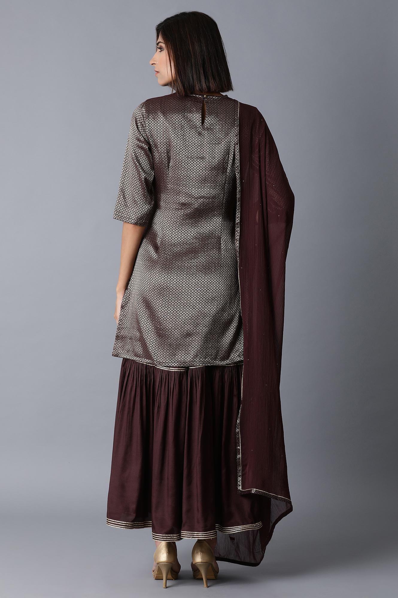 Dark Purple kurta-Sharara-Dupatta Set - Image 2