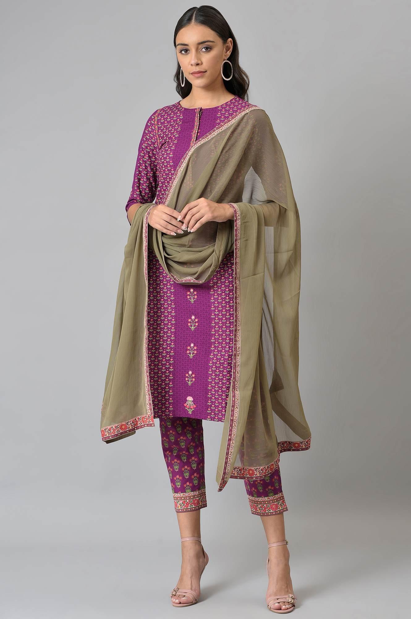 Dark Purple Round Neck kurta With Floral Straight Pants And Chiffon Dupatta - Image 10