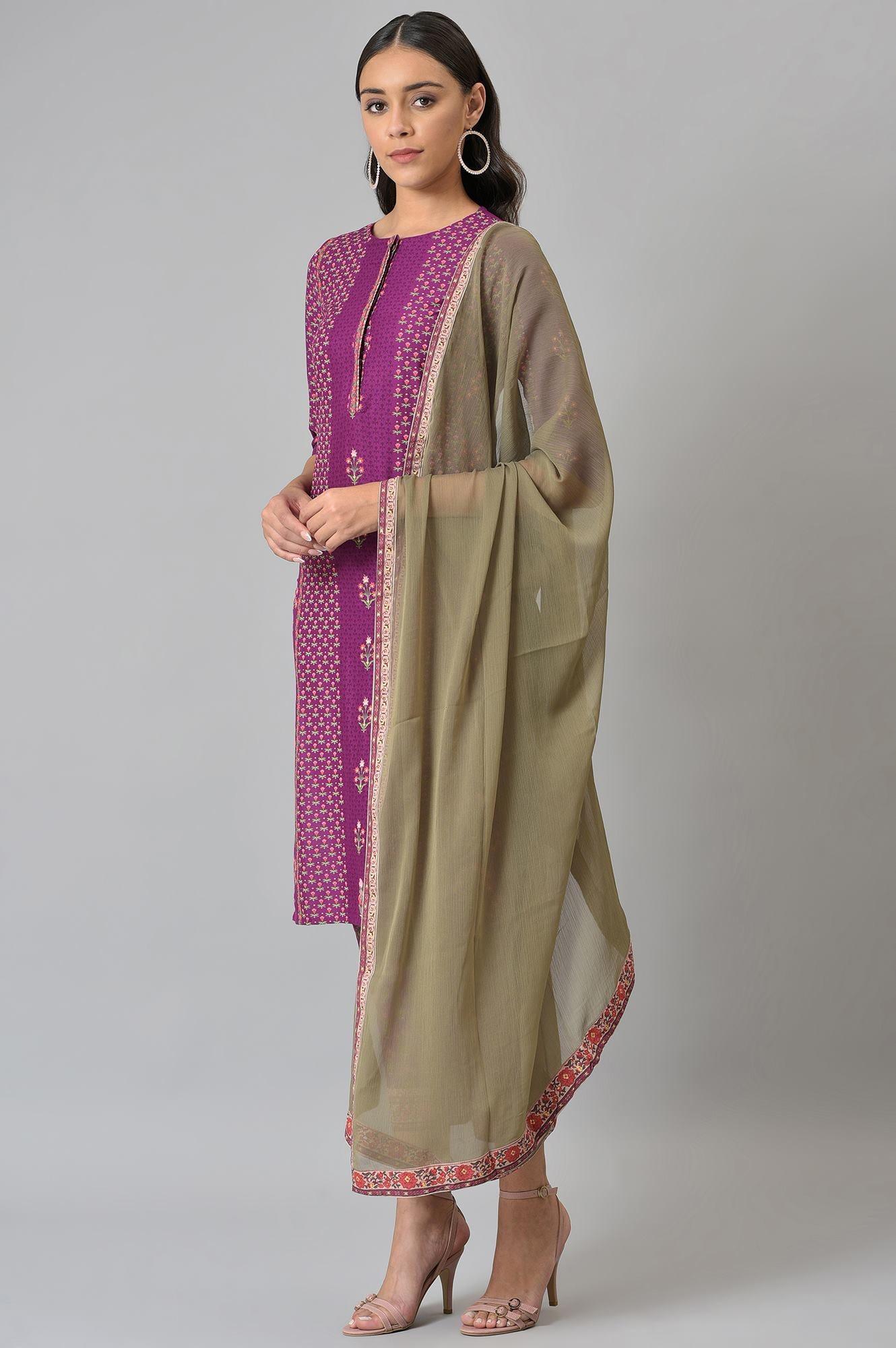 Dark Purple Round Neck kurta With Floral Straight Pants And Chiffon Dupatta - Image 3