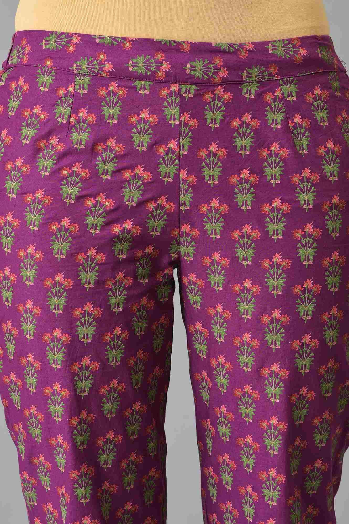 Dark Purple Round Neck kurta With Floral Straight Pants And Chiffon Dupatta - Image 6