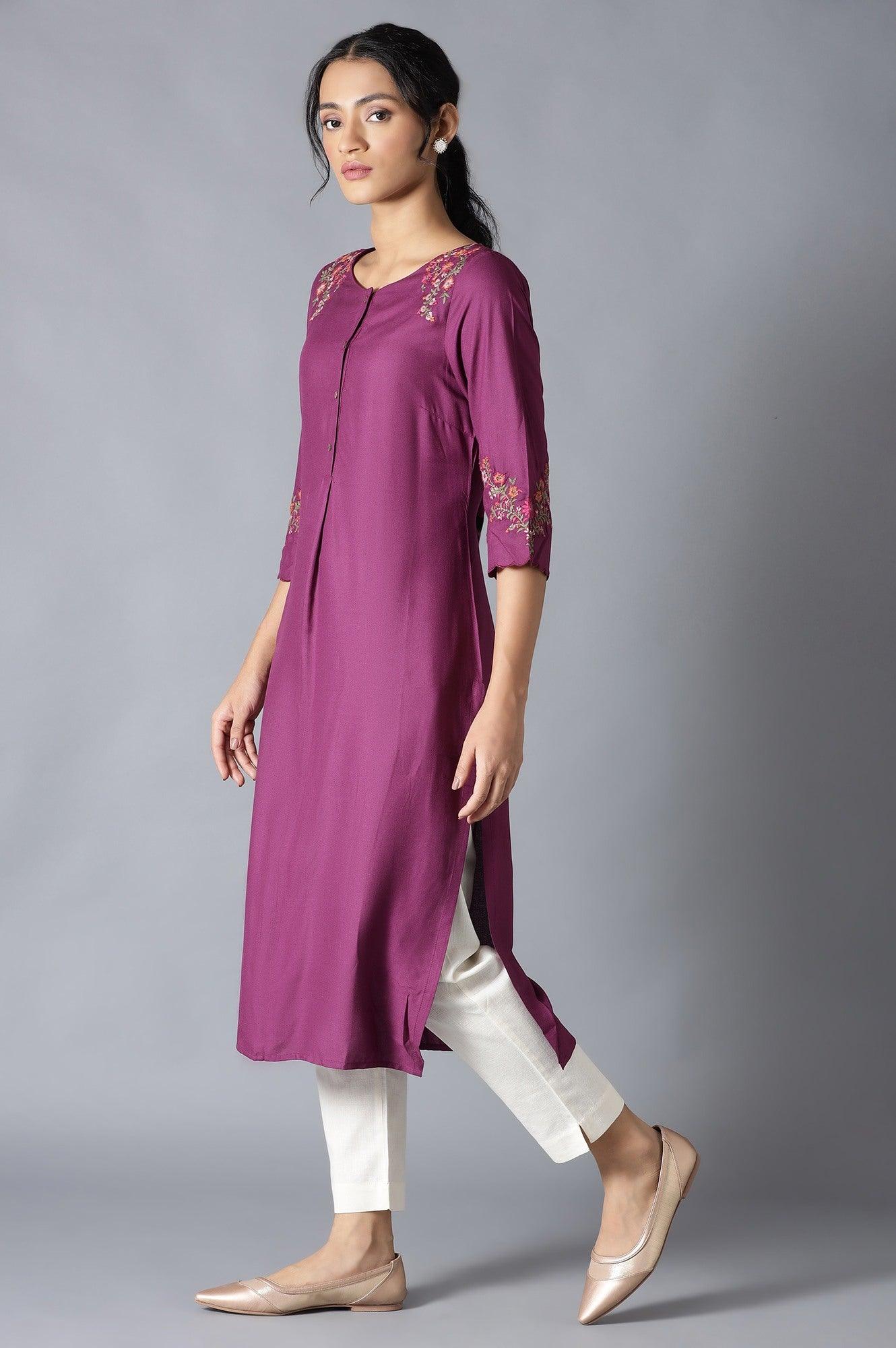 Dark Purple Solid kurta With Embroidery - Image 3