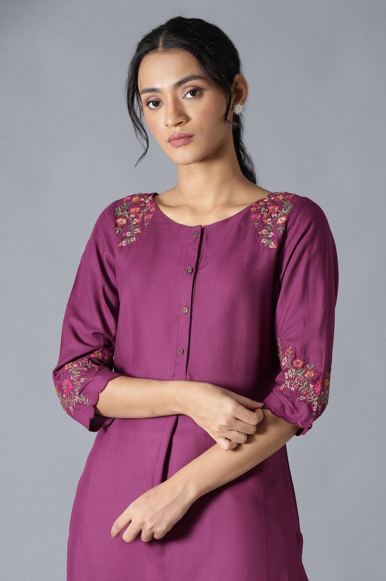 Dark Purple Solid kurta With Embroidery - Image 5