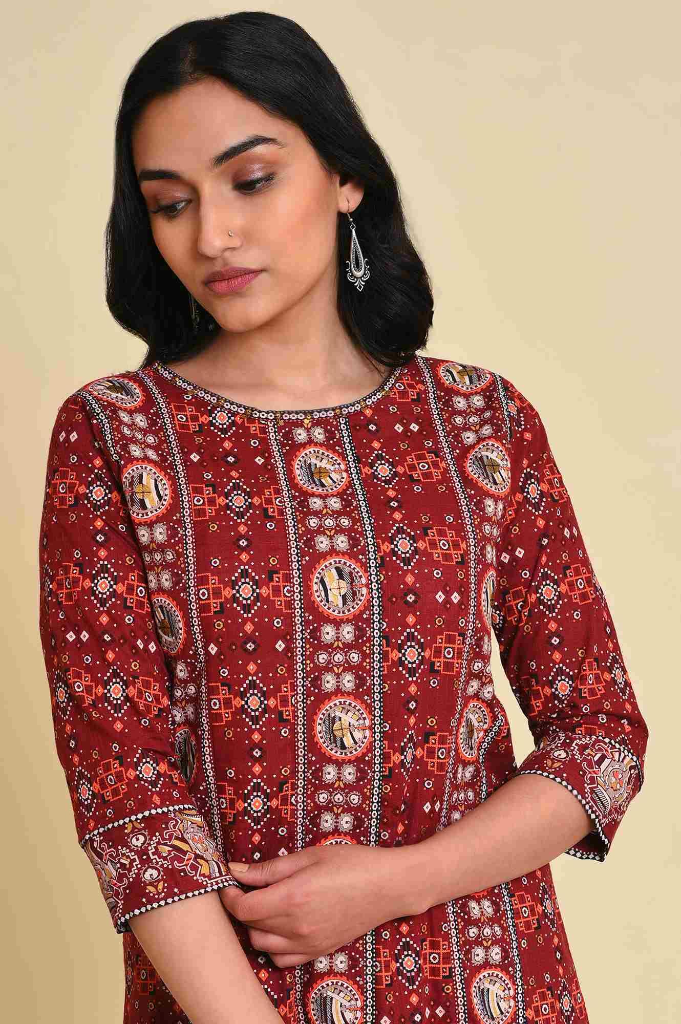 Dark Red A-Line Printed kurta - Image 5