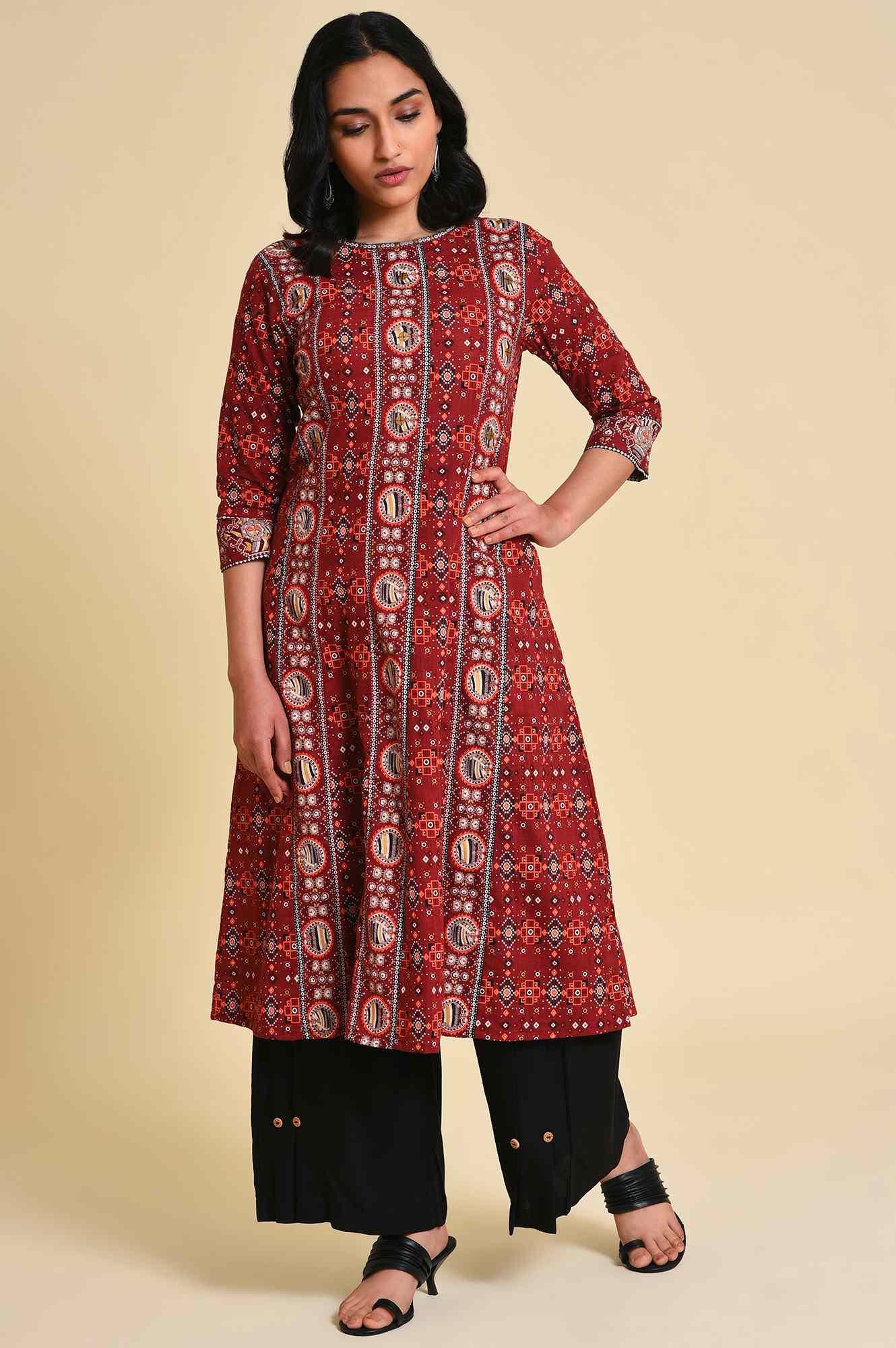 Dark Red A-Line Printed kurta - Image 6