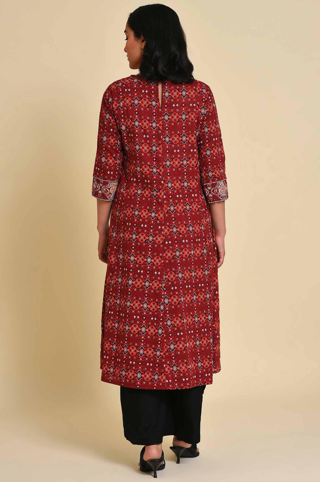Dark Red A-Line Printed Plus Size kurta - Image 2