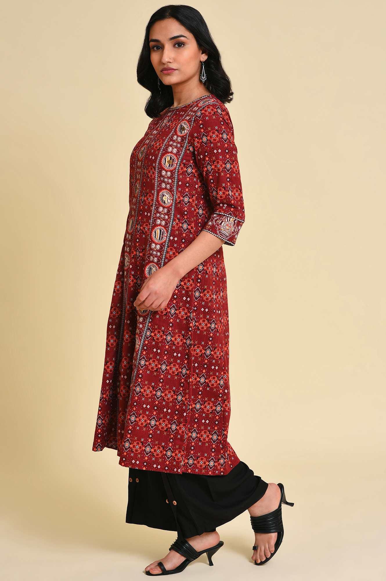 Dark Red A-Line Printed Plus Size kurta - Image 3