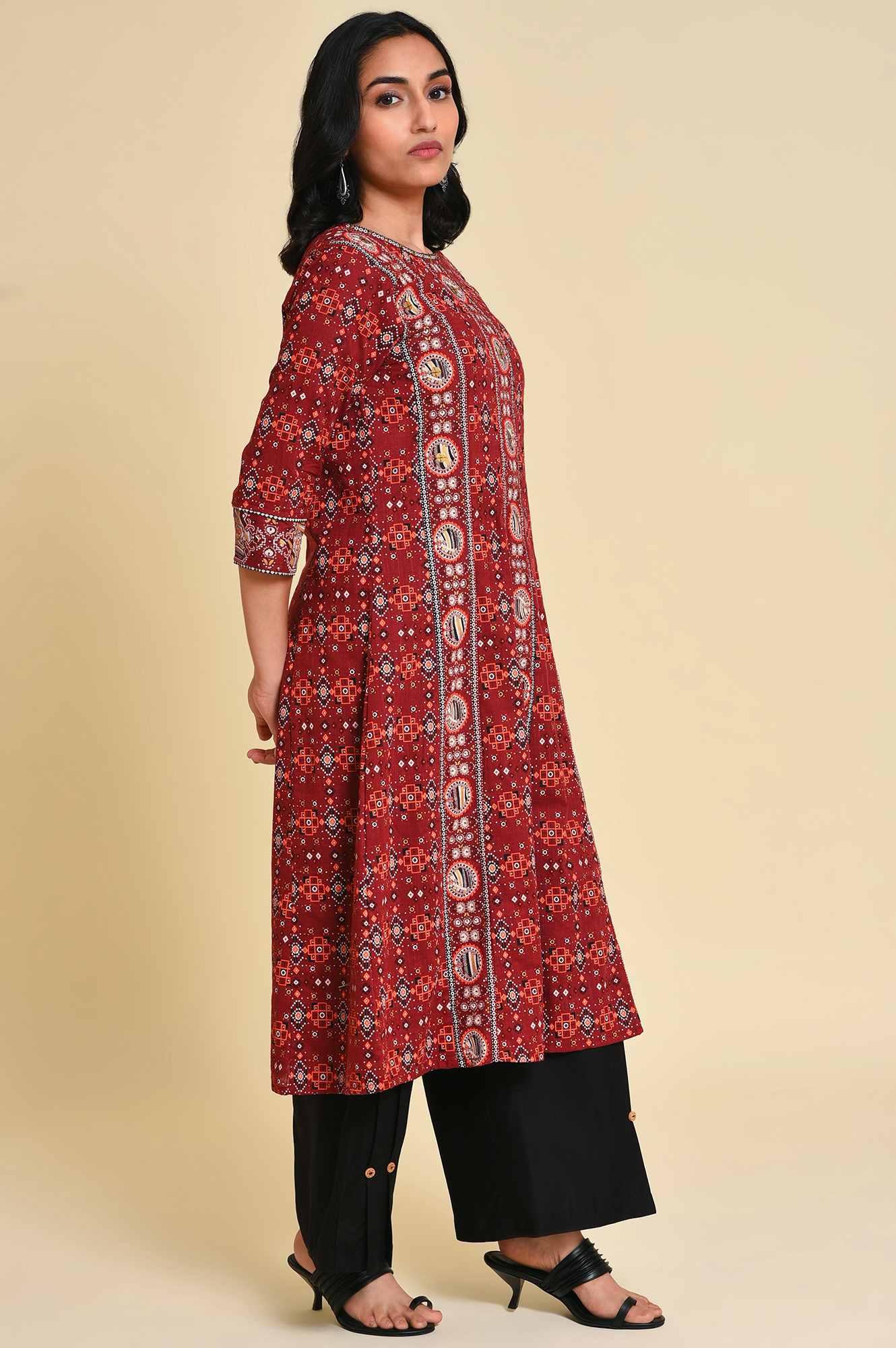Dark Red A-Line Printed Plus Size kurta - Image 4
