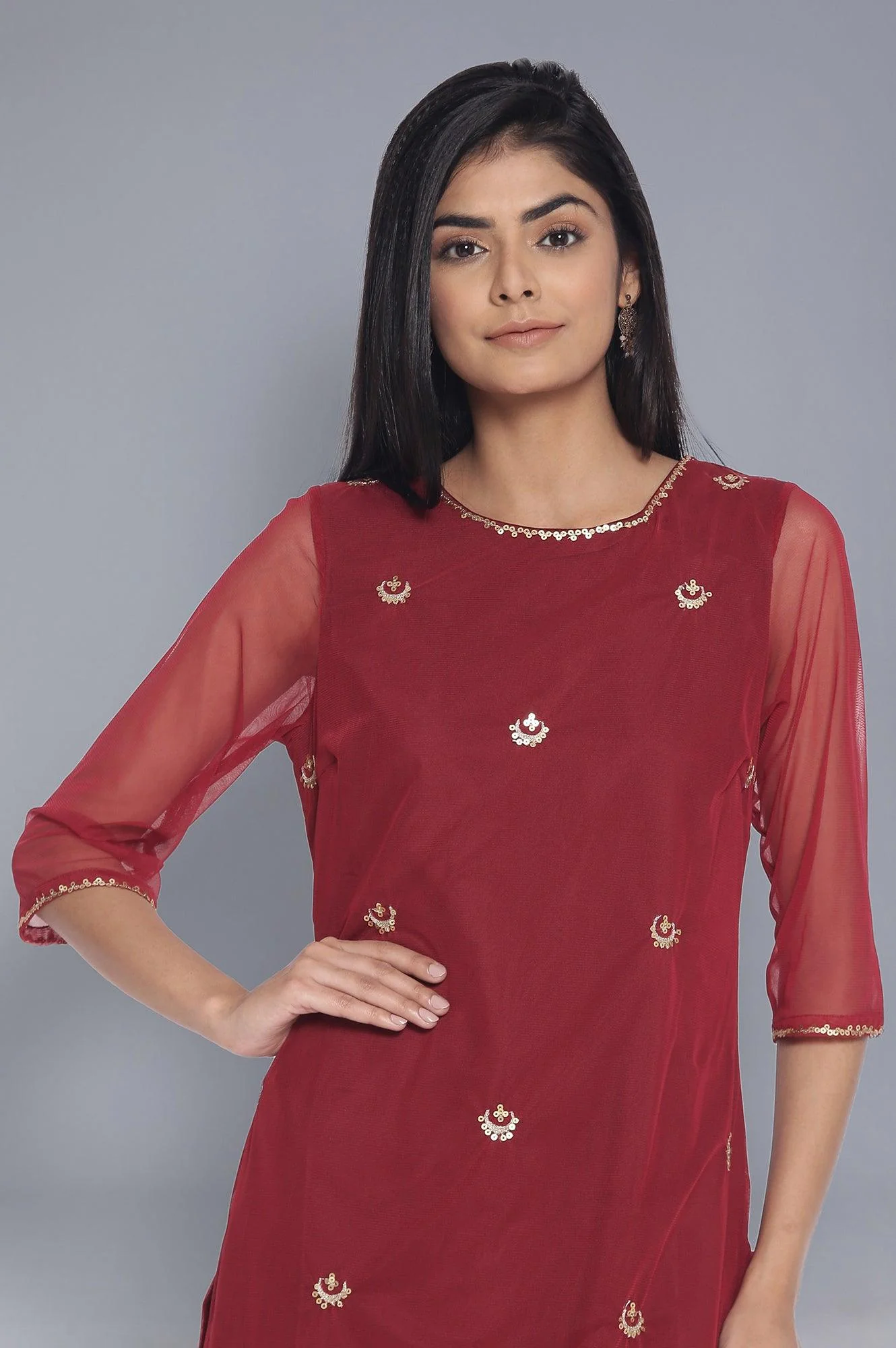 Dark Red Embroidered kurta - Image 5