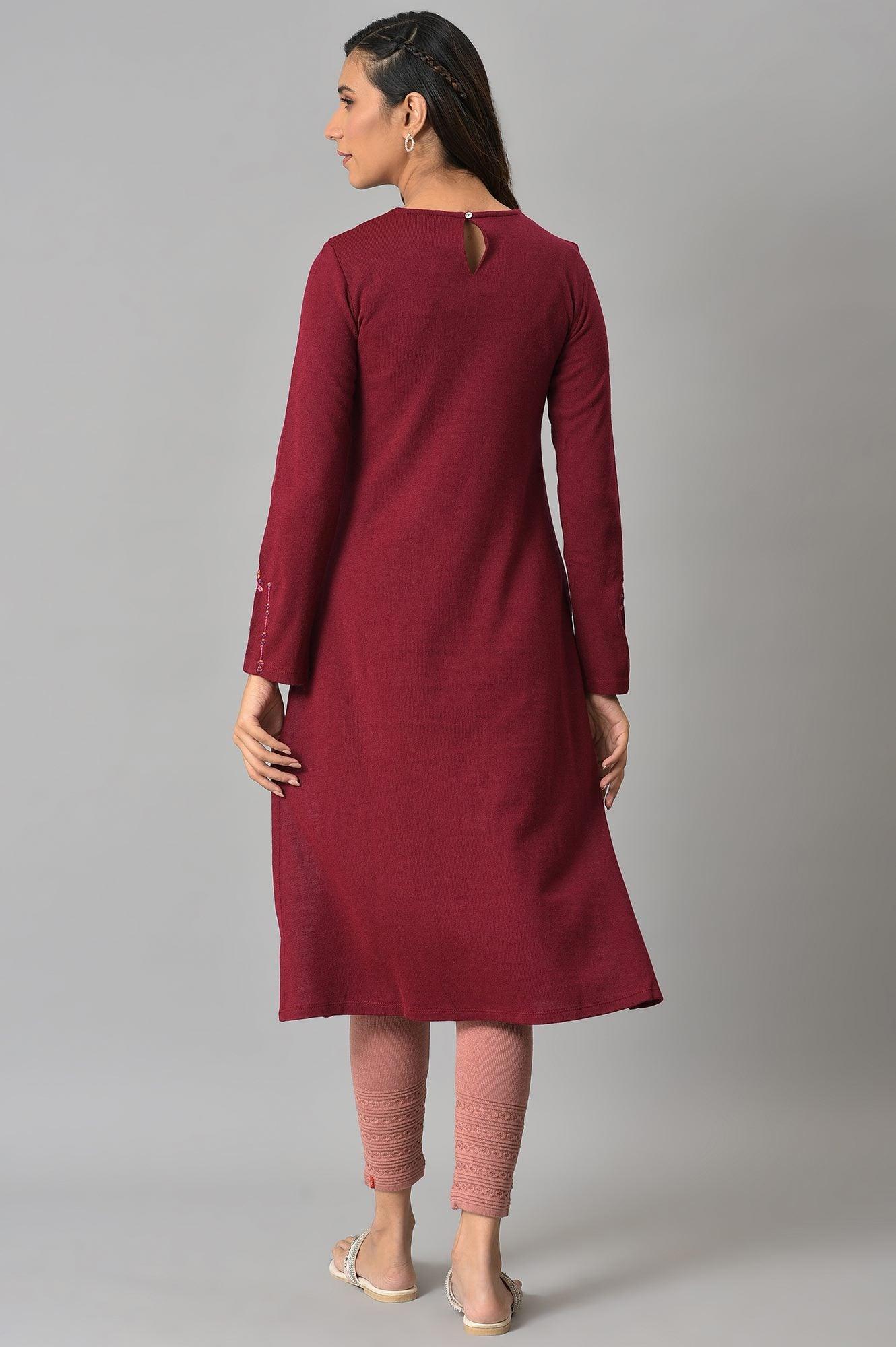 Dark Red Embroidered Winter kurta - Image 2