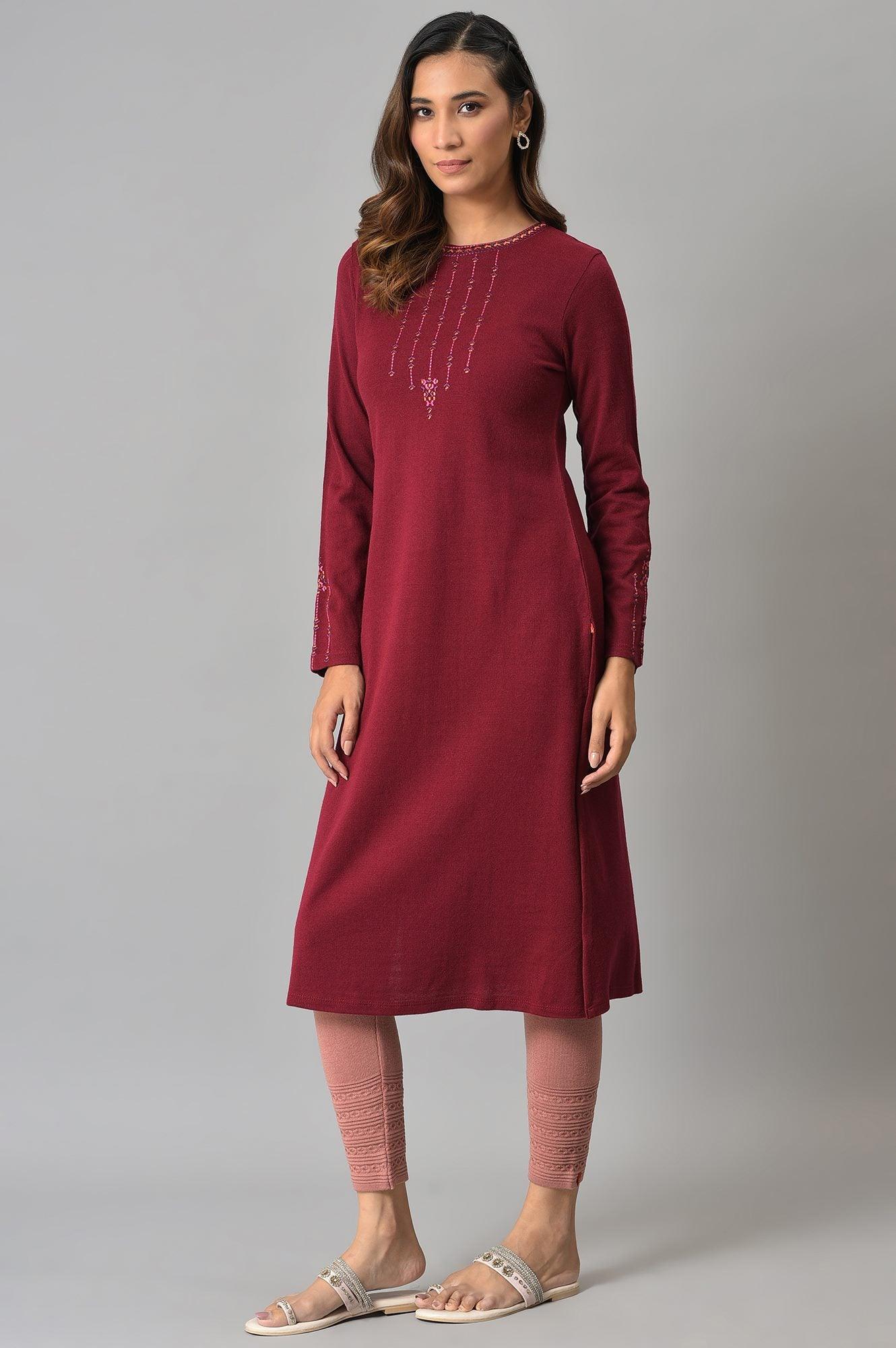 Dark Red Embroidered Winter kurta - Image 3