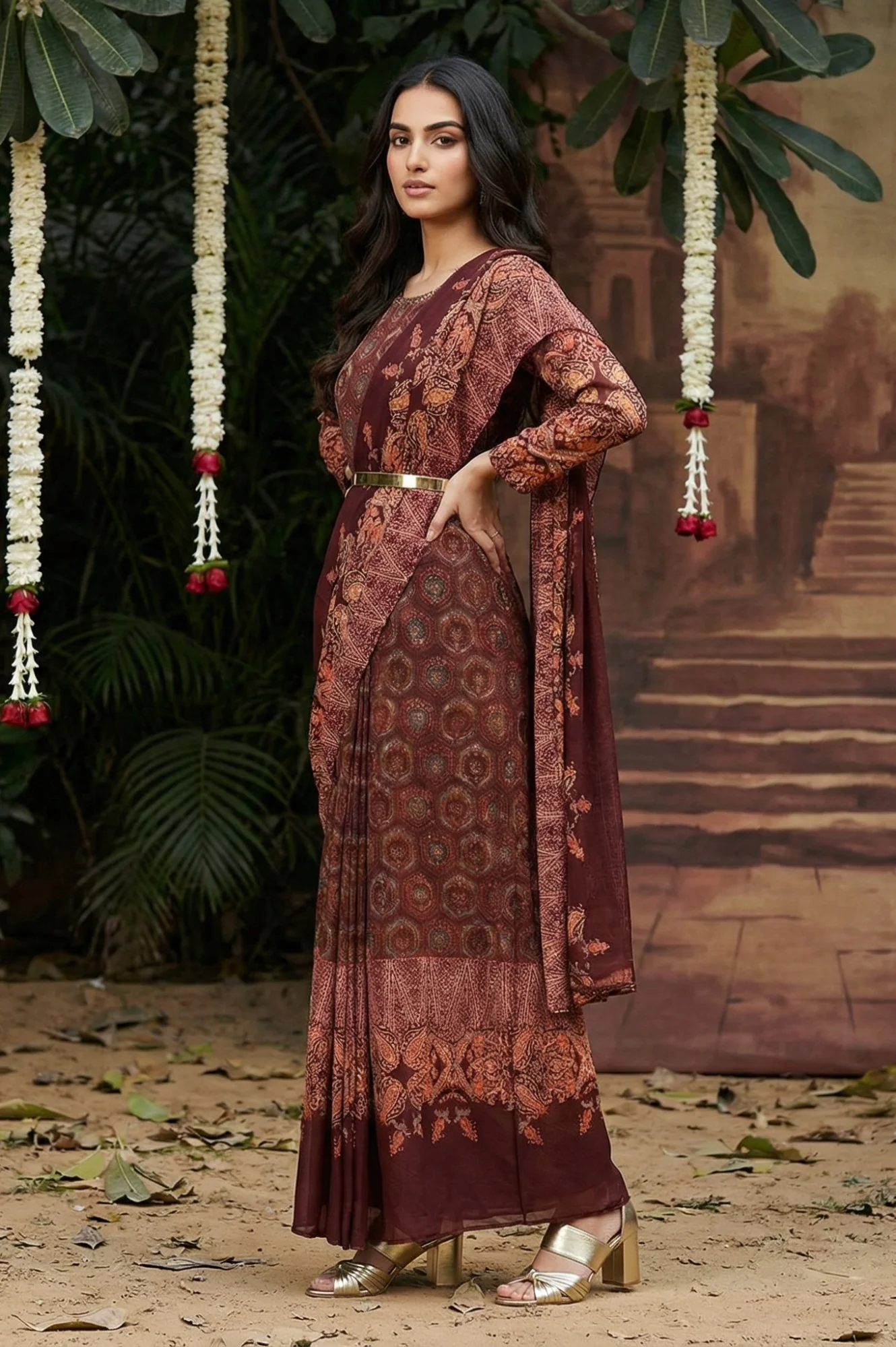 Dark Red Festive Predrape Saree - Image 3